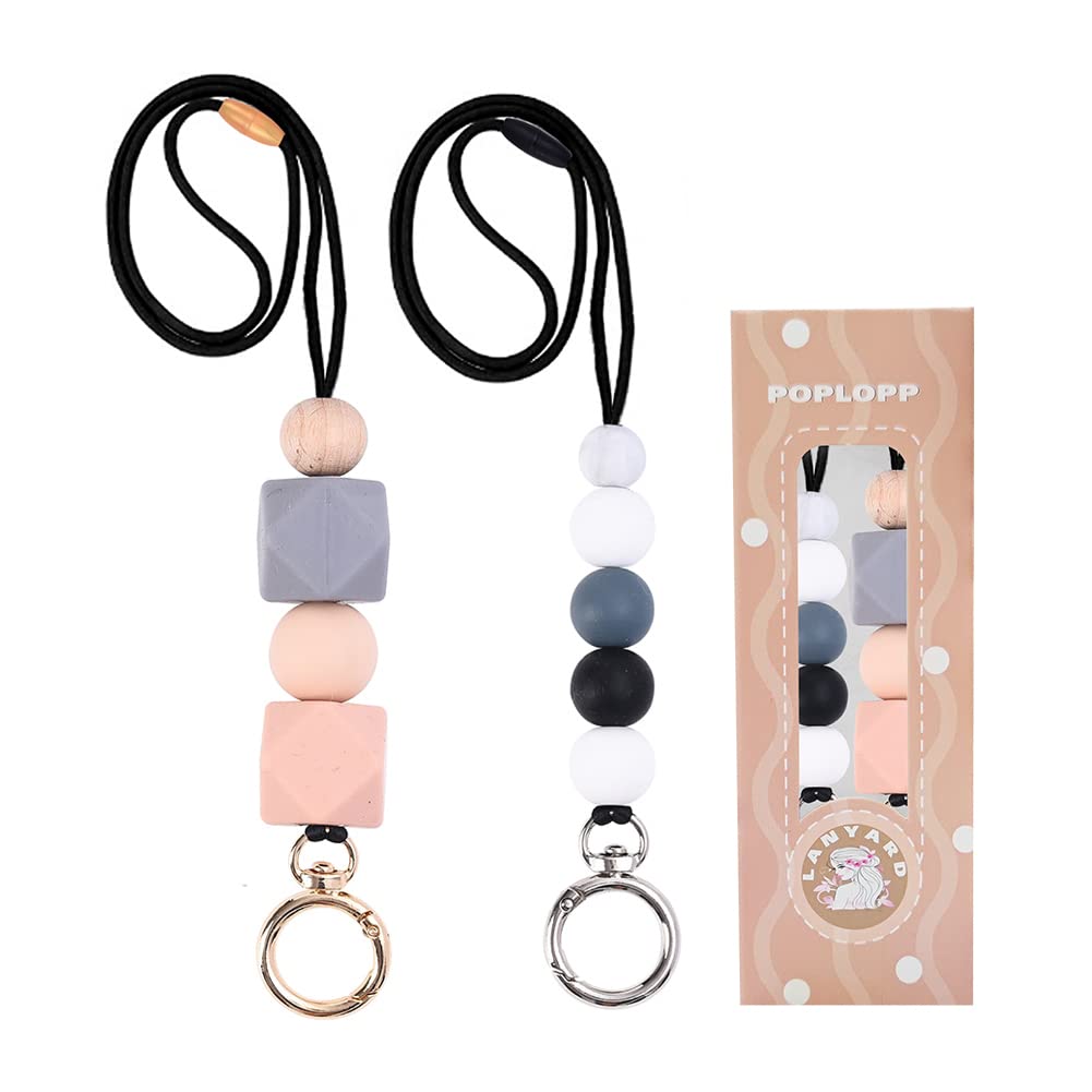 POPLOPP 2-Pack Cute Silicone Beaded Teacher Lanyards for ID Badges & Keys - Adjustable Neck Strap for Women, Nurses, Employees & Students - Perfect for School, Hospital, Office & Work Security