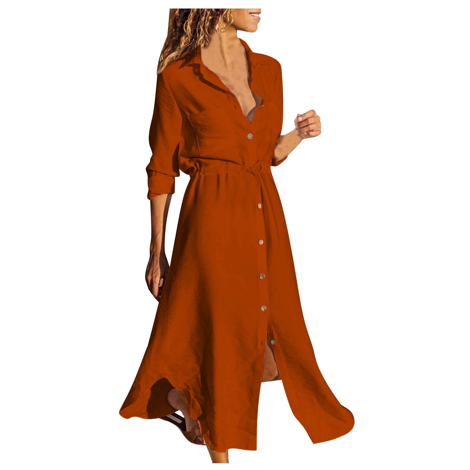 Women's Summer Maxi Dress - Button Down Long Sleeve V-Neck Flowy Shirt Dress with Drawstring Waist & Pockets | Casual Beach Wear, Vacation Outfit, Boho Chic Style