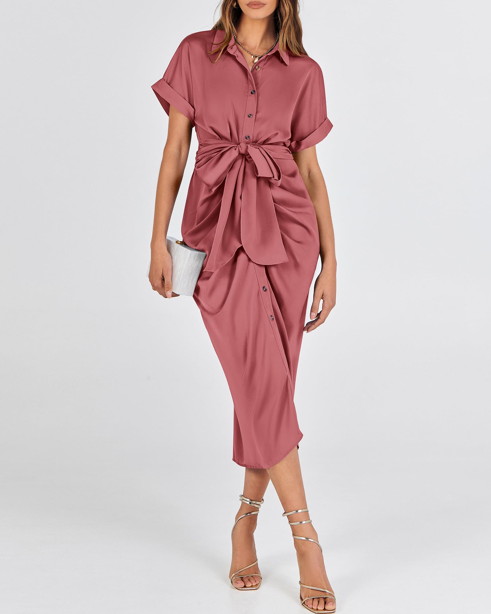 BTFBM 2025 Women's Elegant Ruched Button Down Shirt Dress - Short Sleeve V-Neck Lapel Satin Maxi Dress for Spring Summer, Perfect for Party, Wedding, Cocktail & Formal Occasions