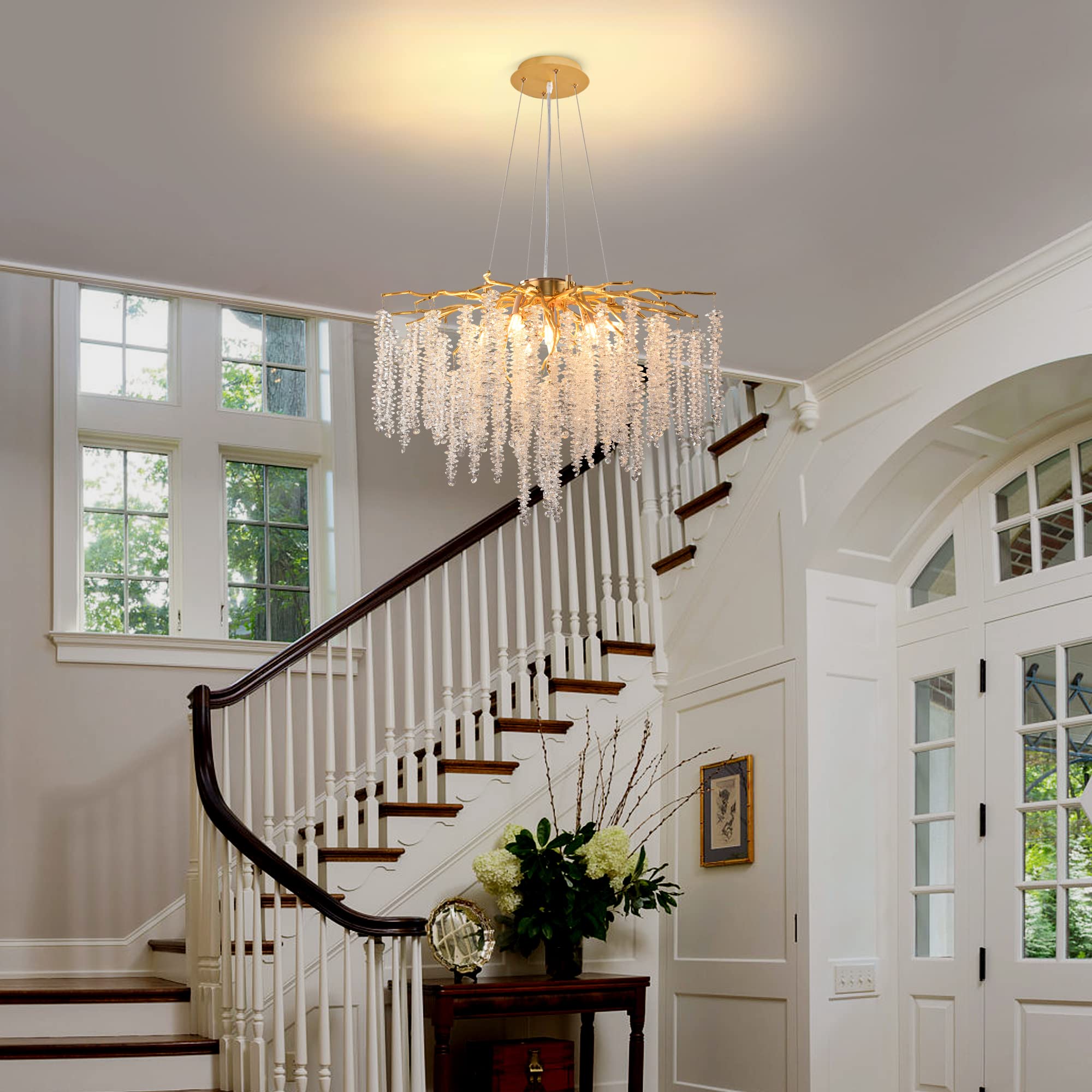 Luxury Gold Crystal Tree Branches Chandelier - 9-Light Round Raindrop Pendant Ceiling Fixture with Tassel, 23.7