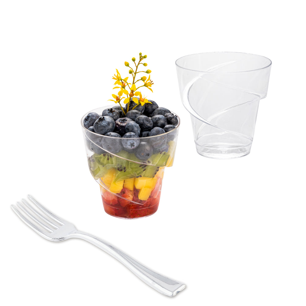 100 Pack 5 oz Clear Plastic Mini Dessert Cups with 100 Silver Plastic Mini Forks - Perfect for Parties, Weddings, and Catering Events