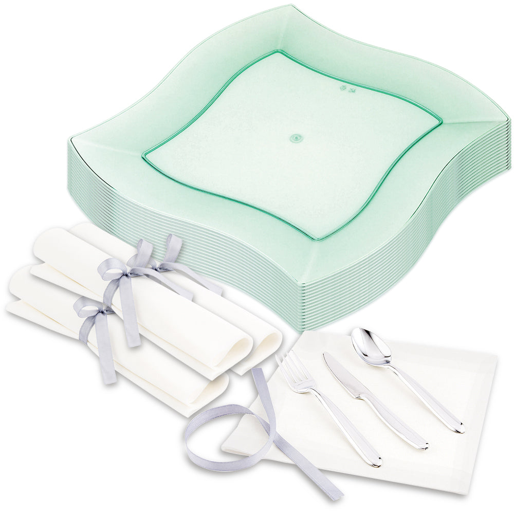 100-Pack Square Seagreen 9-Inch Plastic Plates & 100-Pack Moderna Silver Plastic Cutlery Set - Eco-Friendly Disposable Dinnerware for Parties, Picnics, BBQs & Events