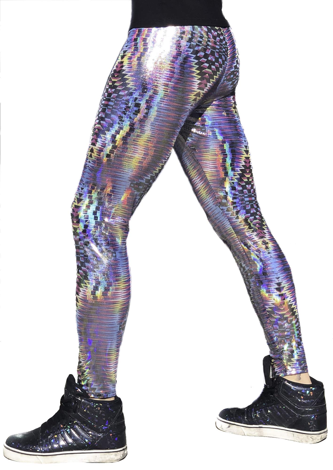 Funstigators Festival Clothing: Men's Holographic Disco Meggings - Made in USA | Rave Wear, Dance Pants & EDM Festival Outfit for Men