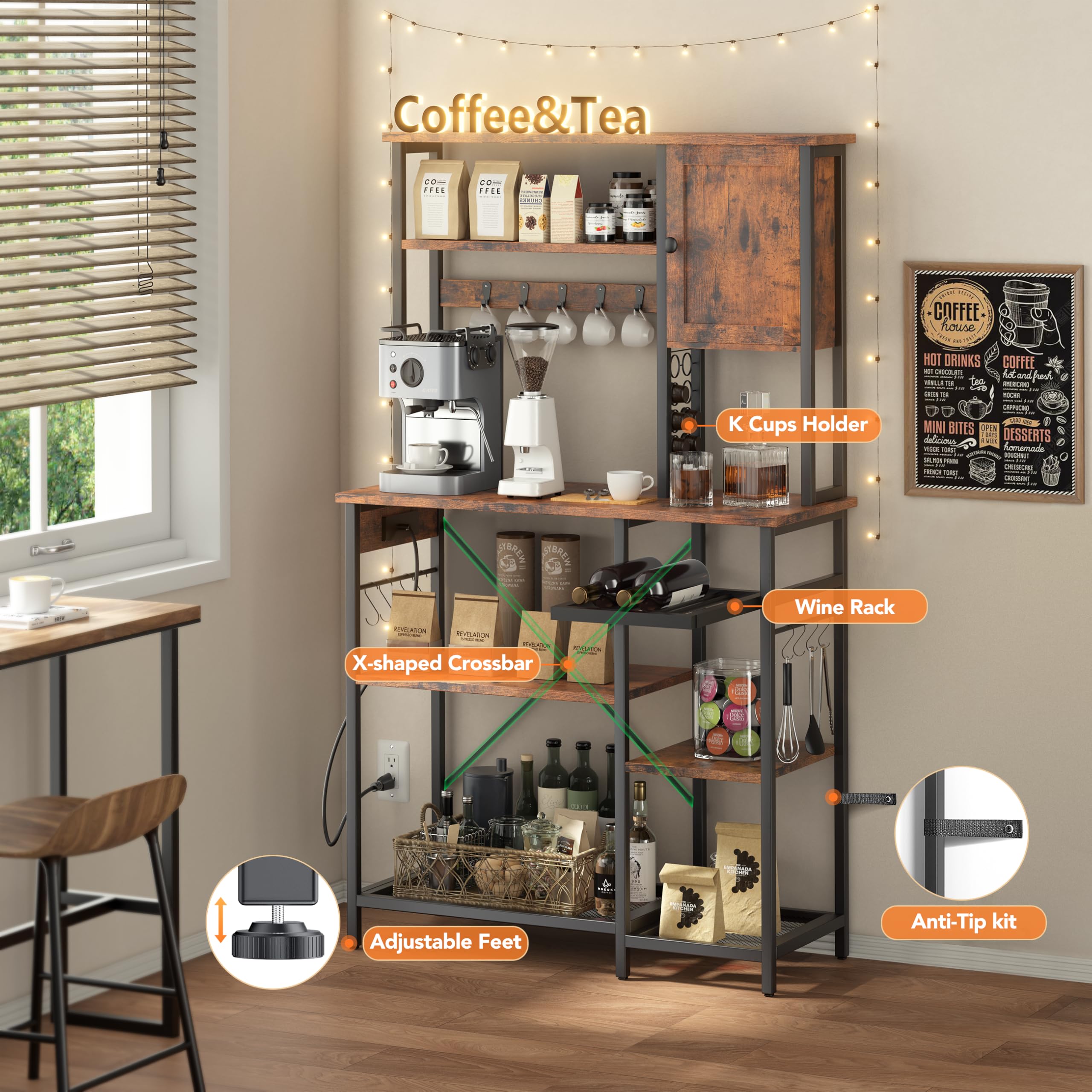 5-Tier Metal Bakers Rack with Power Outlet & Storage - Microwave Stand, Coffee Bar Organizer with K-Cup Holder, 39.37