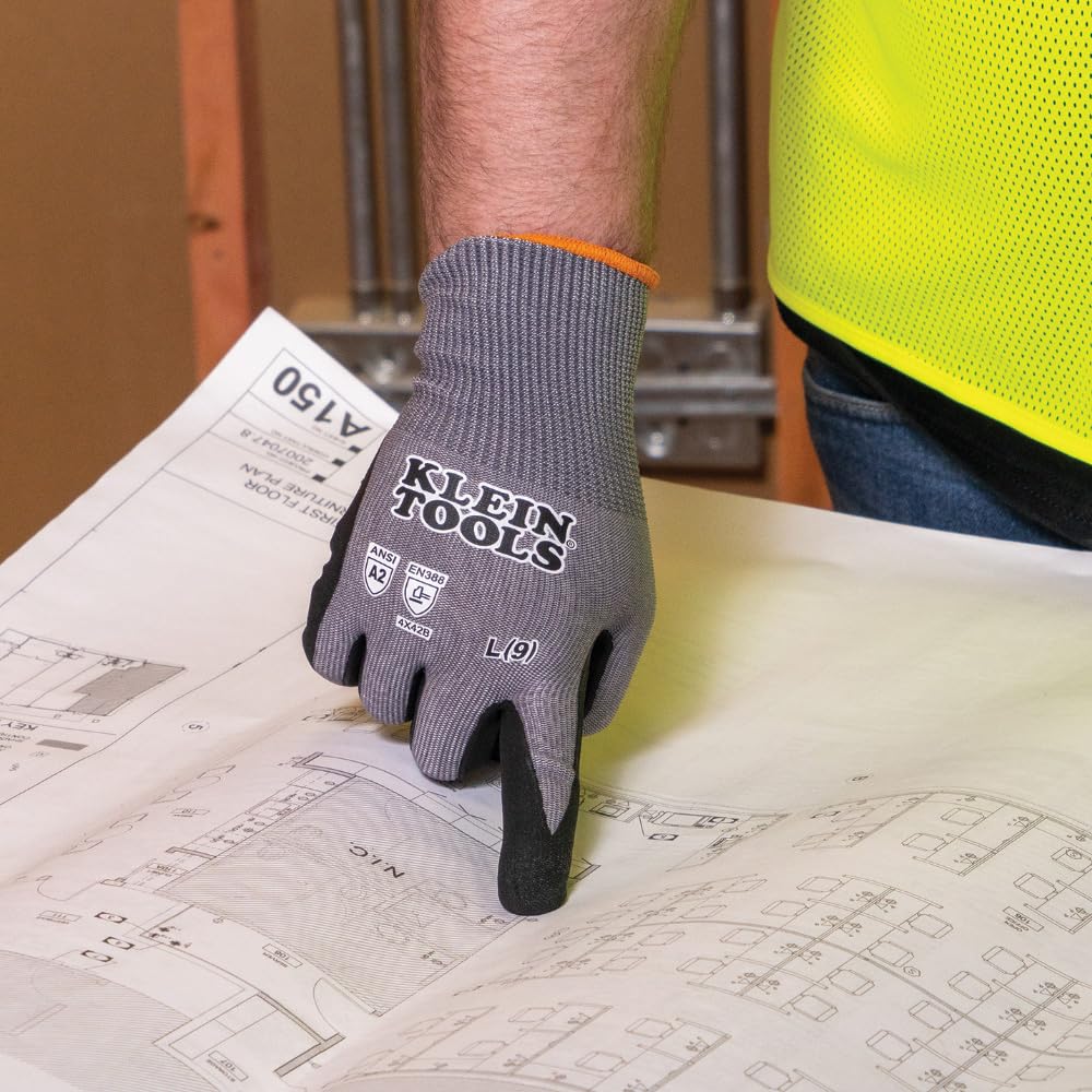 Klein Tools 60584 Cut Resistant Work Gloves - ANSI A2 Rated, Nitrile Coated HPPE Fabric, Touchscreen Compatible (Medium, 2-Pair) for Construction, Electrical Work & DIY Projects