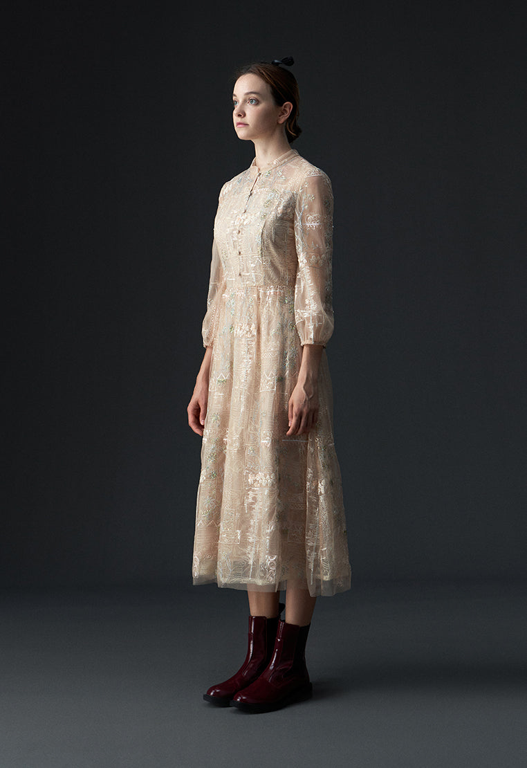 Elegant Beige Embroidered Sequin Mesh Dinner Dress for Women - Perfect for Evening Parties, Cocktail Events & Formal Occasions