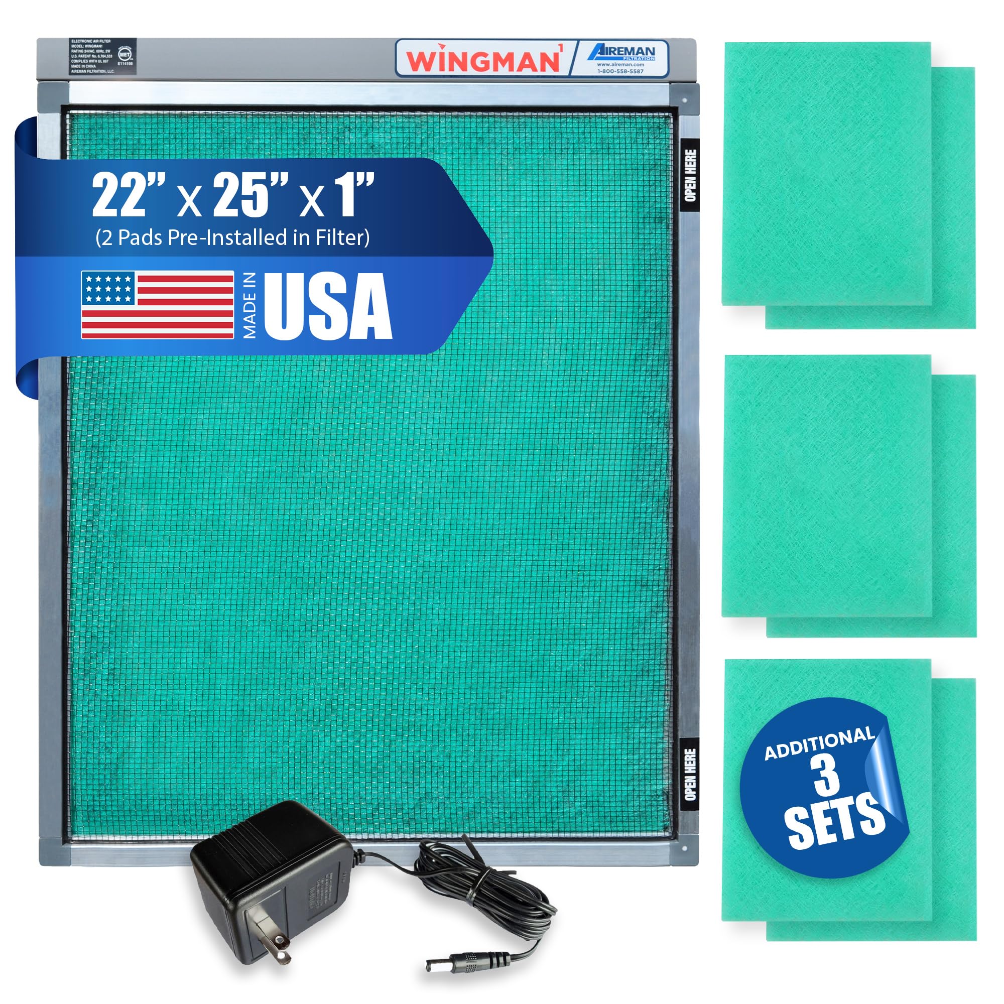 22x25x1 Electronic Air Filter with 1-Year Supply of Purifier Pads - HVAC, Furnace & AC Replacement Filter for Home - Easy DIY Installation - Improves Indoor Air Quality for Allergies & Pets - Perfect for Bedrooms, Living Rooms & Basements
