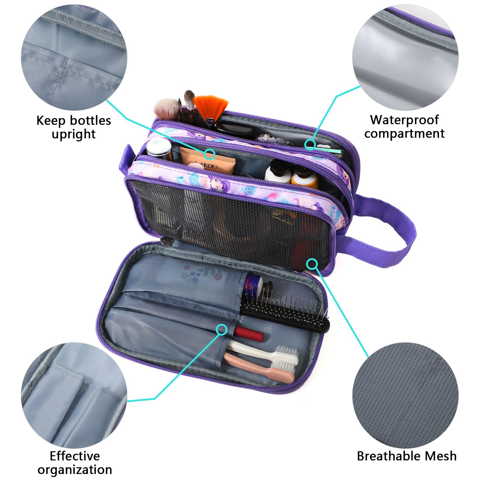 Waterproof Hanging Toiletry Bag for Girls - Kids Travel Cosmetic & Makeup Organizer, Toddler Wash Bag with Mermaid Design (Purple) - Perfect for School Trips, Sleepovers & Family Vacations