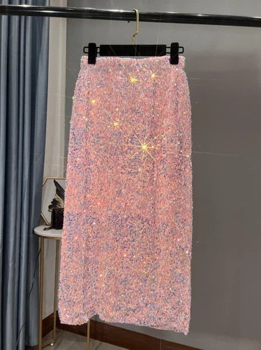 French High Waisted Slim Skirt for Women - Shiny Black Sequin Mid-Length Skirt with Side Split, Thickened Hip Design & All-Match Styling | Perfect for Parties, Date Nights & Evening Events