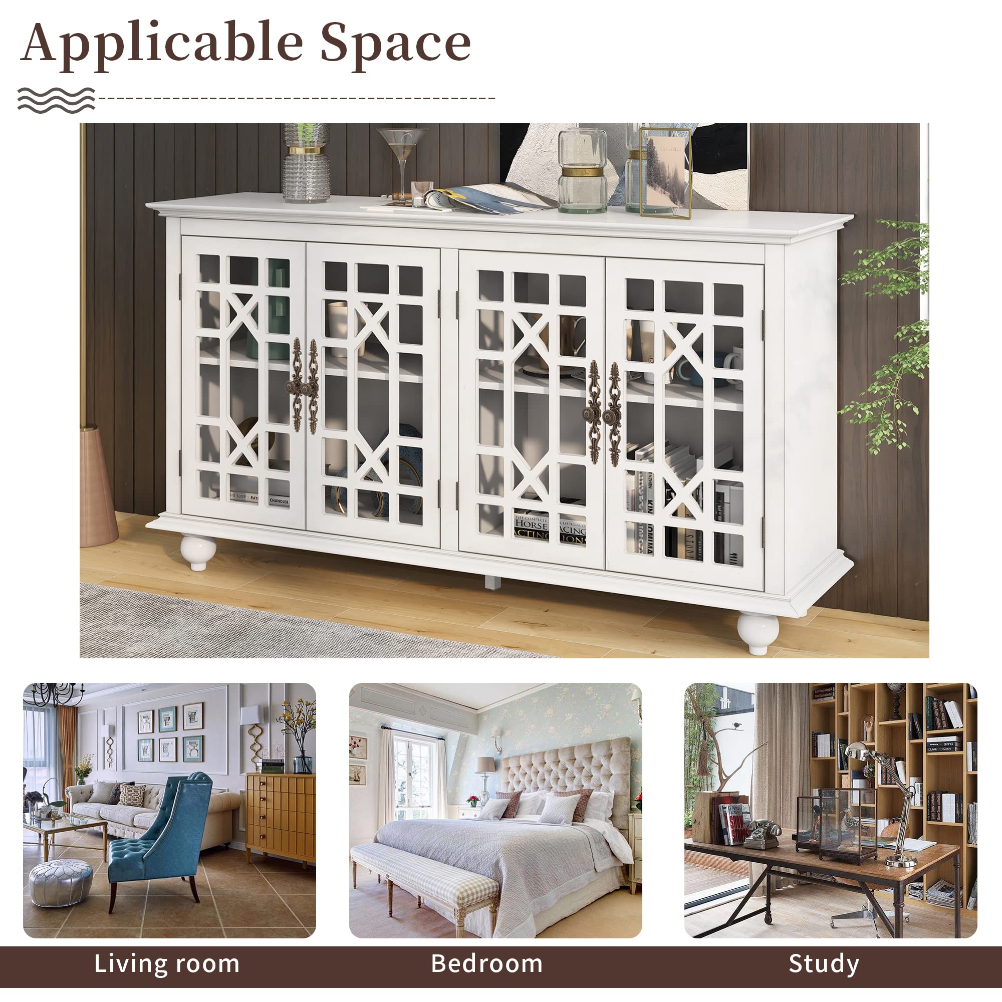 Elegant Glass Door Sideboard Buffet Cabinet - Long Bar Table Buffet Server with Adjustable Shelf, Retro Handles, Accent Storage Cabinet - Perfect for Living Room, Dining Room & Kitchen Storage Solution
