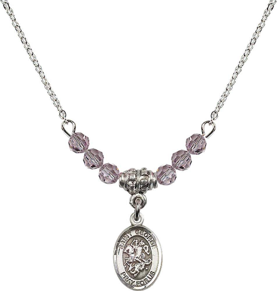 Bonyak Jewelry 18 Inch Rhodium Plated Necklace with 4mm Light Purple February Birthstone Beads & Saint George Pendant - Perfect for Birthdays, Anniversaries & Gifts