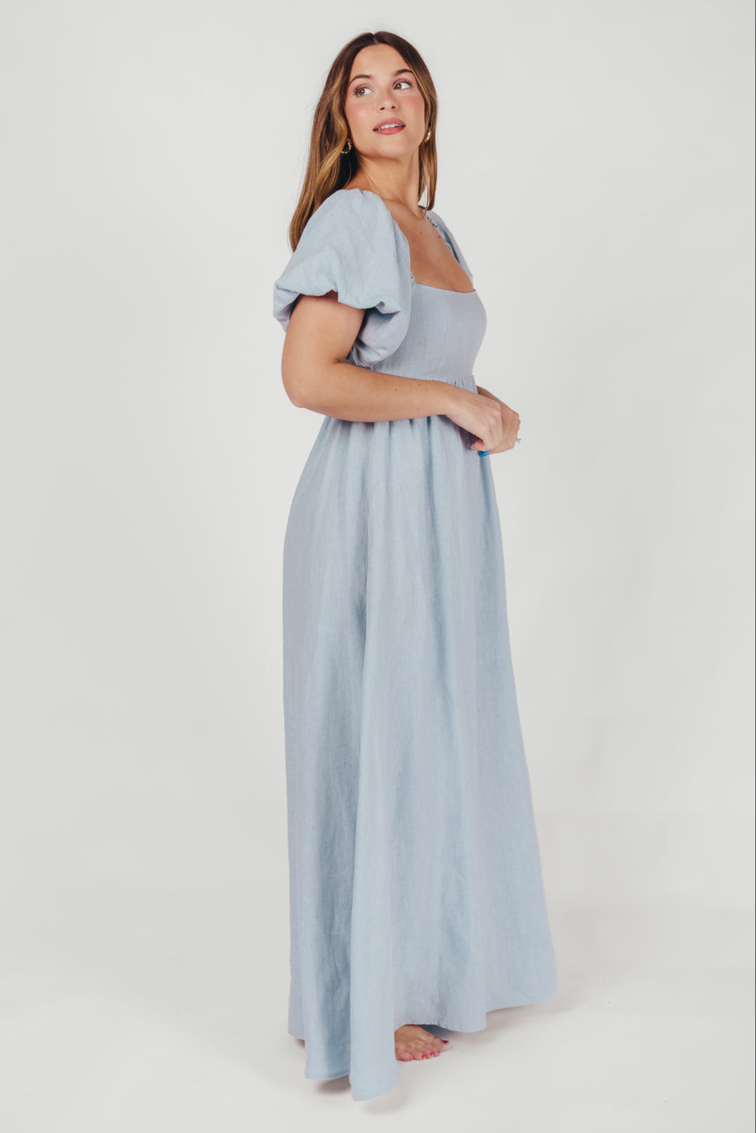 Candace Maxi Dress in Light Blue | 100% Linen Maternity Dress | Bump Friendly & Comfortable | Perfect for Summer, Beach, and Casual Outings