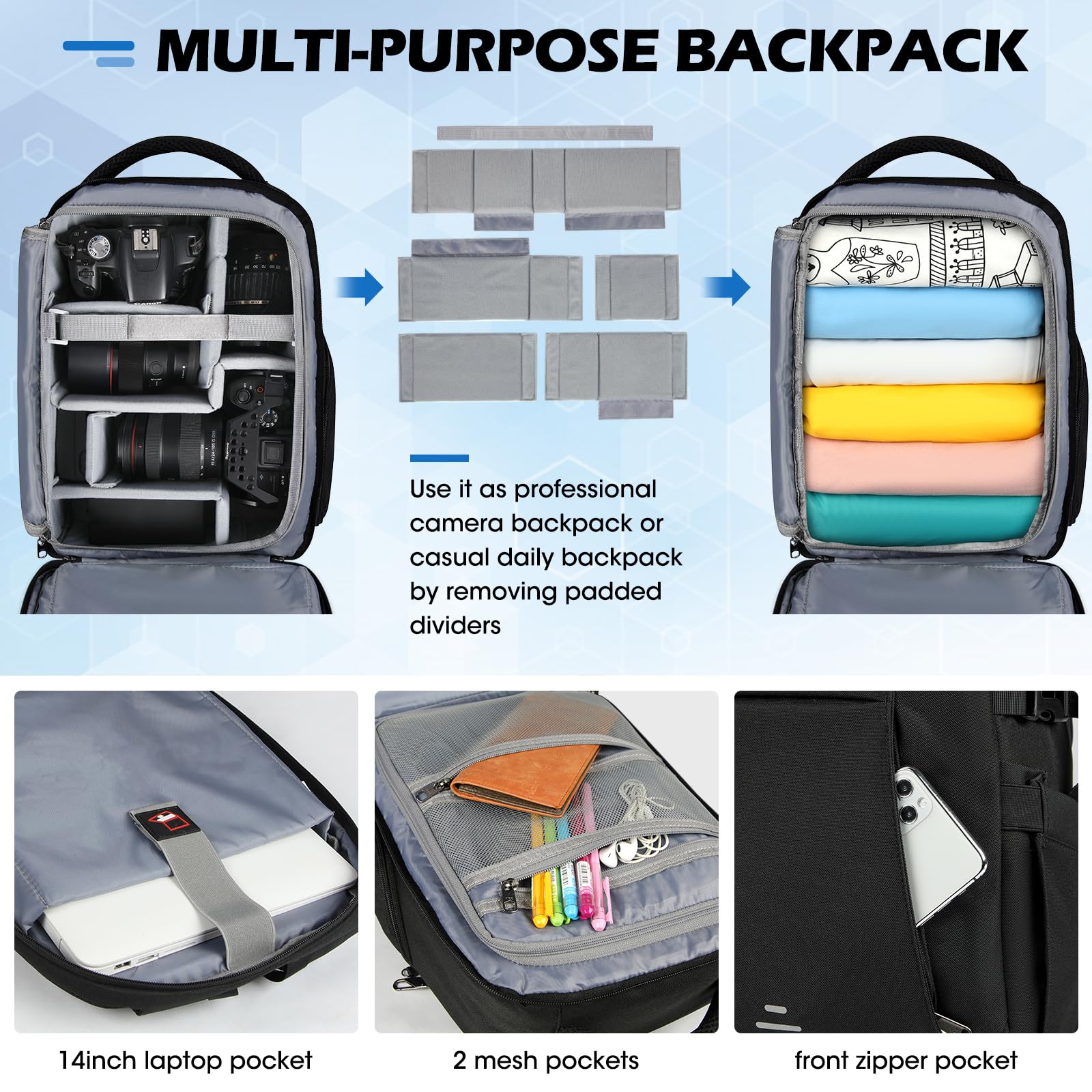 **Professional DSLR SLR Mirrorless Camera Backpack – 14 Inch Waterproof Anti-Theft Laptop Photography Bag with Rain Cover, Large Capacity for Men & Women (Black) – Perfect for Travel, Hiking & Outdoor Photography**