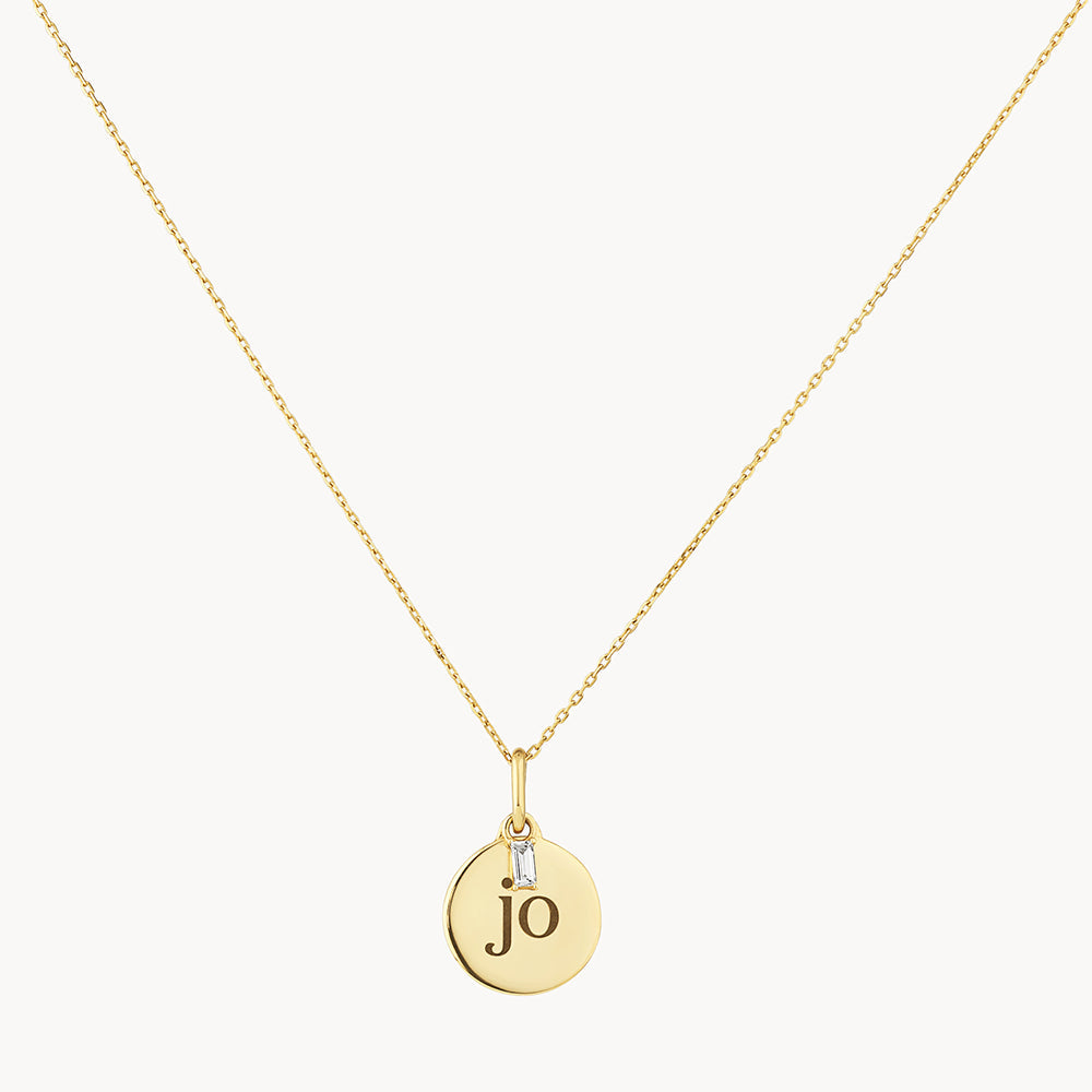 10k Gold Engravable Disc Lab-Grown Diamond Baguette Necklace - Perfect for Anniversaries, Weddings & Special Occasions
