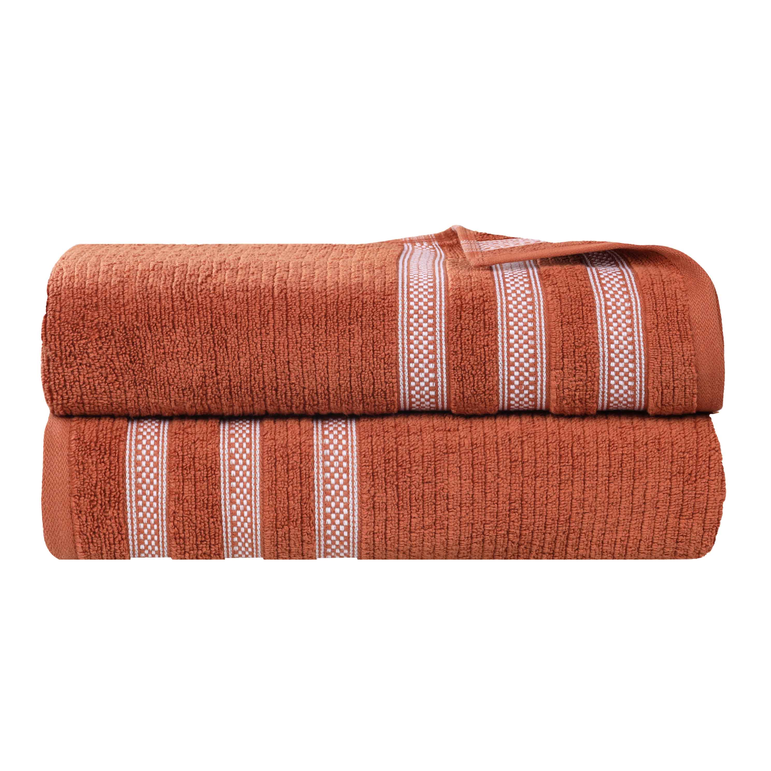 Soft Zero Twist Cotton Ribbed Geometric Border Plush Bath Towel Set of 2 - Ultra Absorbent Luxury Bath Sheets for Spa, Hotel & Home Use