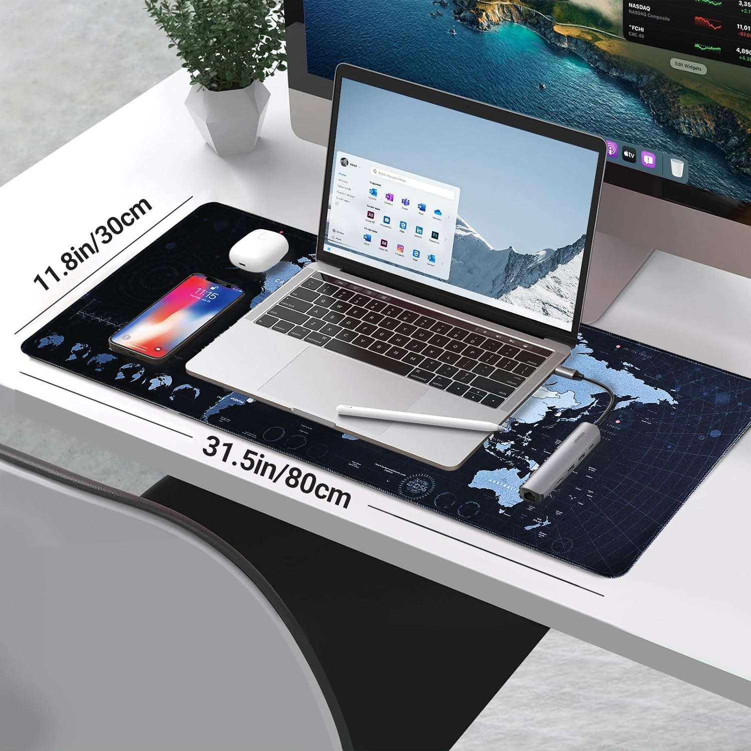 World Map Gaming Mouse Pad XL XXL (31.5 x 11.8in) - Large Non-Slip Waterproof Rubber Desk Mat for Keyboard & Mouse - Perfect for PC Gaming, Office Work & Home Computer Setup