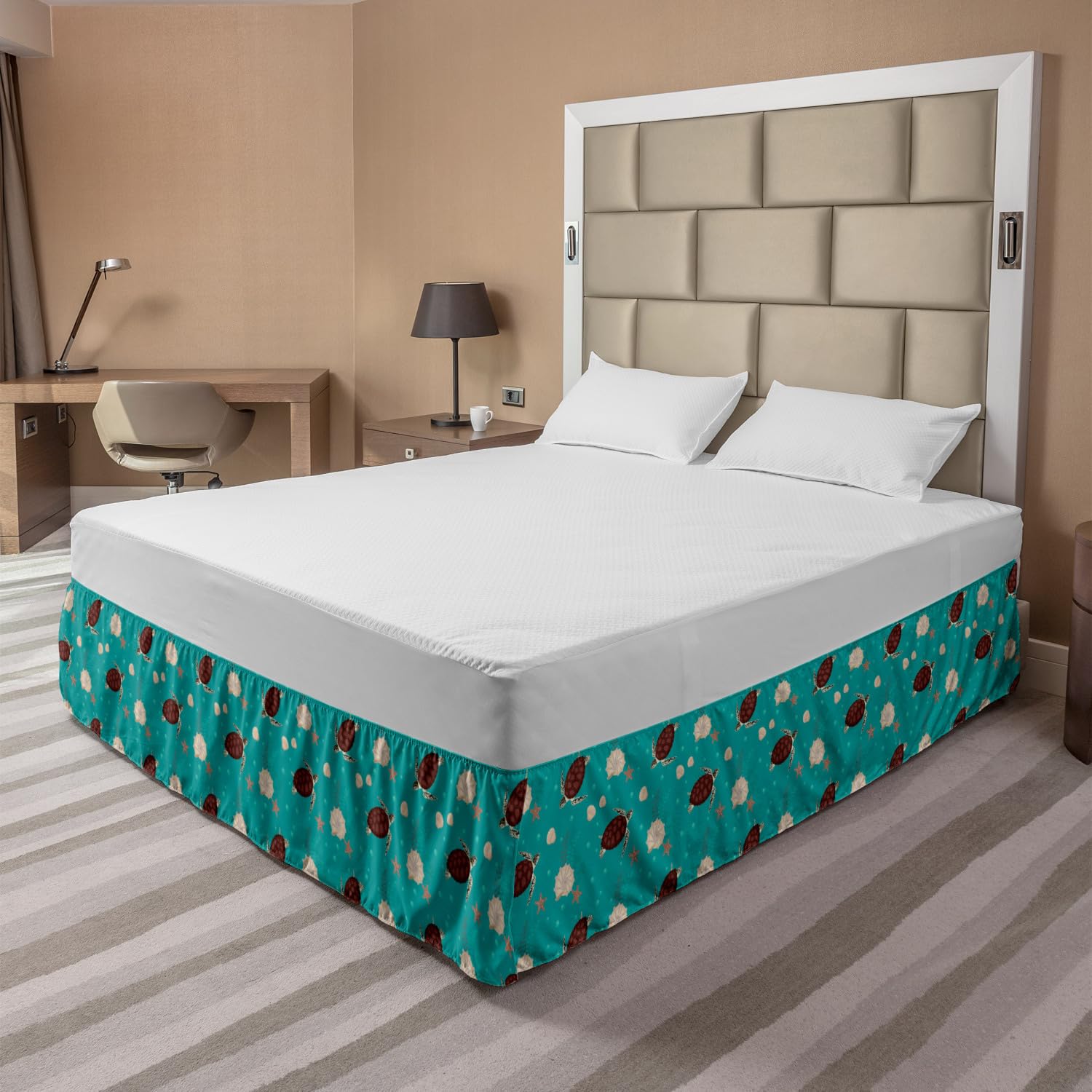 Ambesonne Marine Bed Skirt with Continuous Bubbles, Turtles, Starfish & Shells - Elastic Wrap Around Gathered Design for King Size Beds - Dark Seafoam Chocolate - Perfect for Beach Themed Bedrooms & Coastal Home Decor
