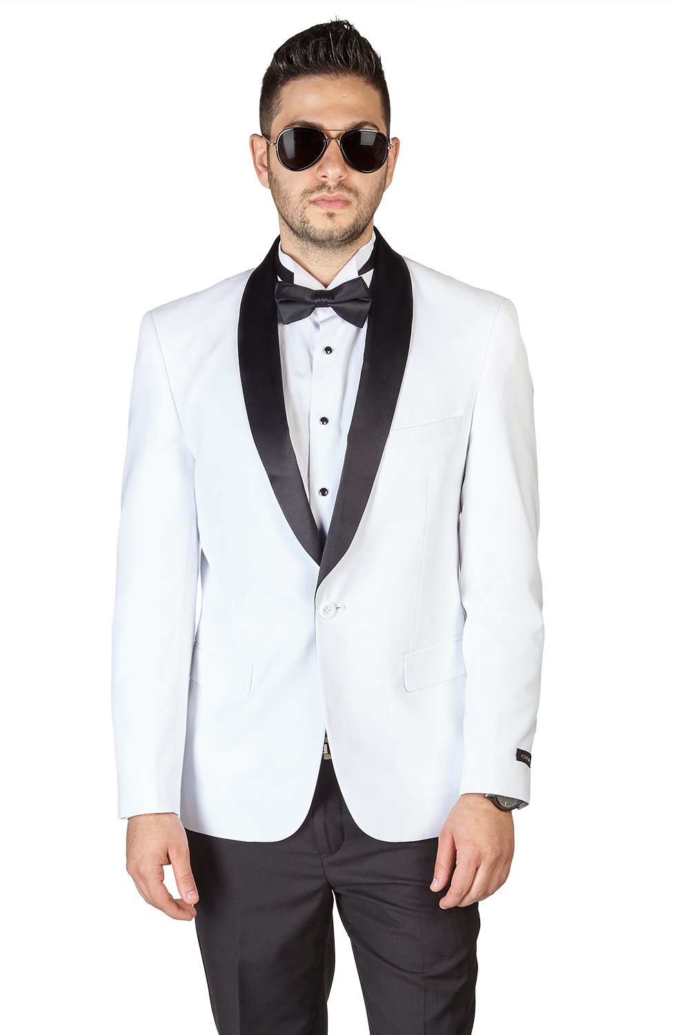 AZAR 4030-1 Slim Fit 1 Button Shawl Lapel White Tuxedo Suit with Black Dress Pants - Formal Wedding, Prom, Black Tie Event Outfit for Men