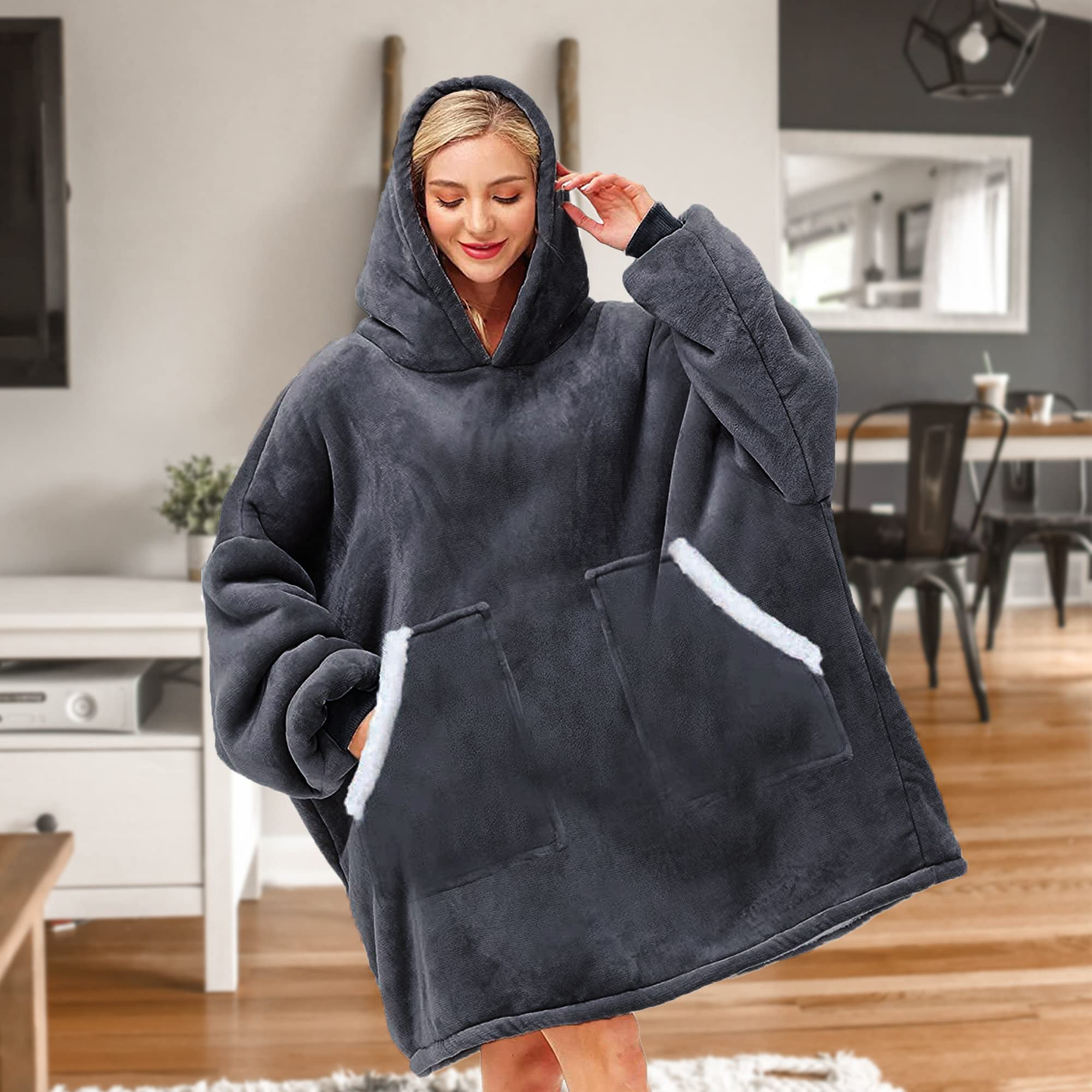 Kipswiza Wearable Blanket Hoodie - Oversized Sherpa Hooded Blanket Sweatshirt with Giant Pockets for Women, Men & Teens | Warm Fleece Lounge Wear for Home, Gifts for Mom & Friends | Dark Gray | Cozy for Movie Nights & Winter Relaxation