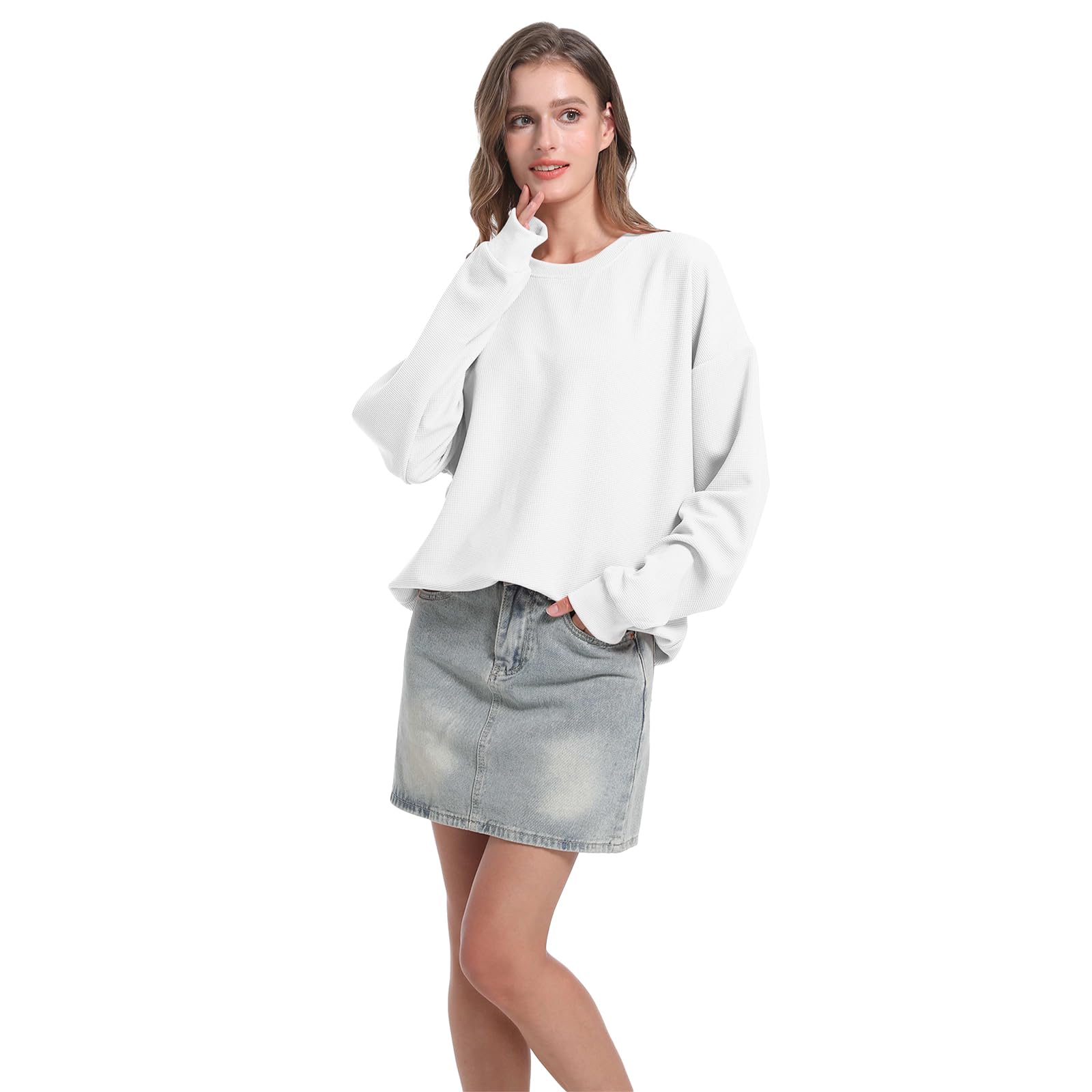 Women's Waffle Knit Pullover Sweatshirt - Crew Neck Long Sleeve Loose Fit Casual Top - Soft Lightweight Comfortable (S-XXL) for Fall Layering, Lounge Wear & Everyday Outfits