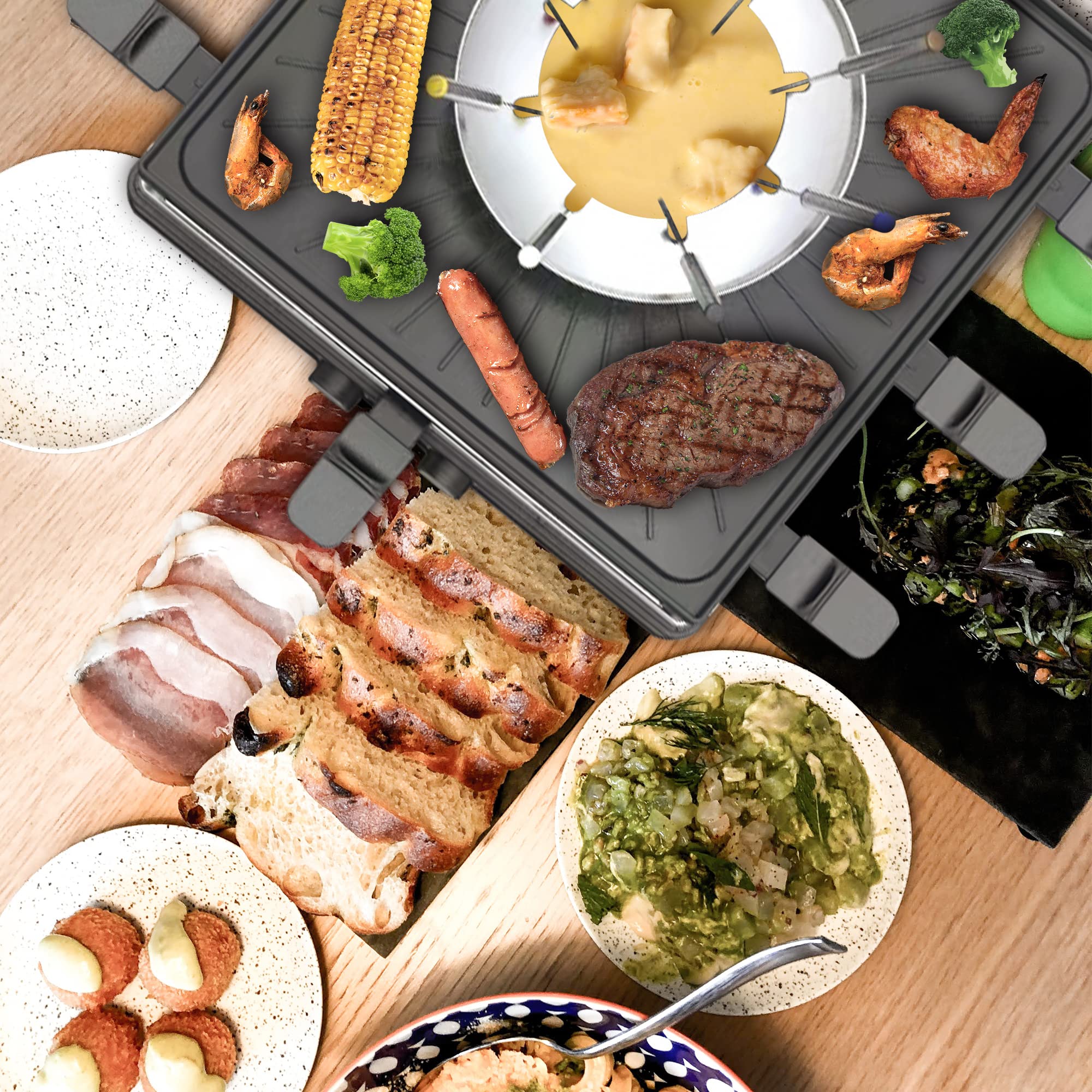 Electric Fondue Pot Set - 600ML Non-Stick Fondue Pot with Grill Plate, 8 Color-Coded Forks & 8 Mini Pans, Dual Thermostat Control for Cheese, Chocolate & Meat | Perfect for Parties, Family Gatherings & Romantic Dinners