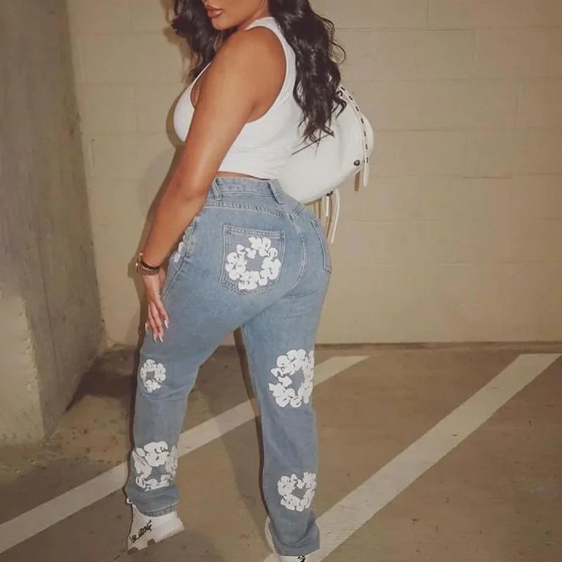 Floral Printed Women's High Waist Stretch Denim Jeans with Zipper Fly | Trendy Spring Fashion Pants for Casual Wear & Street Style