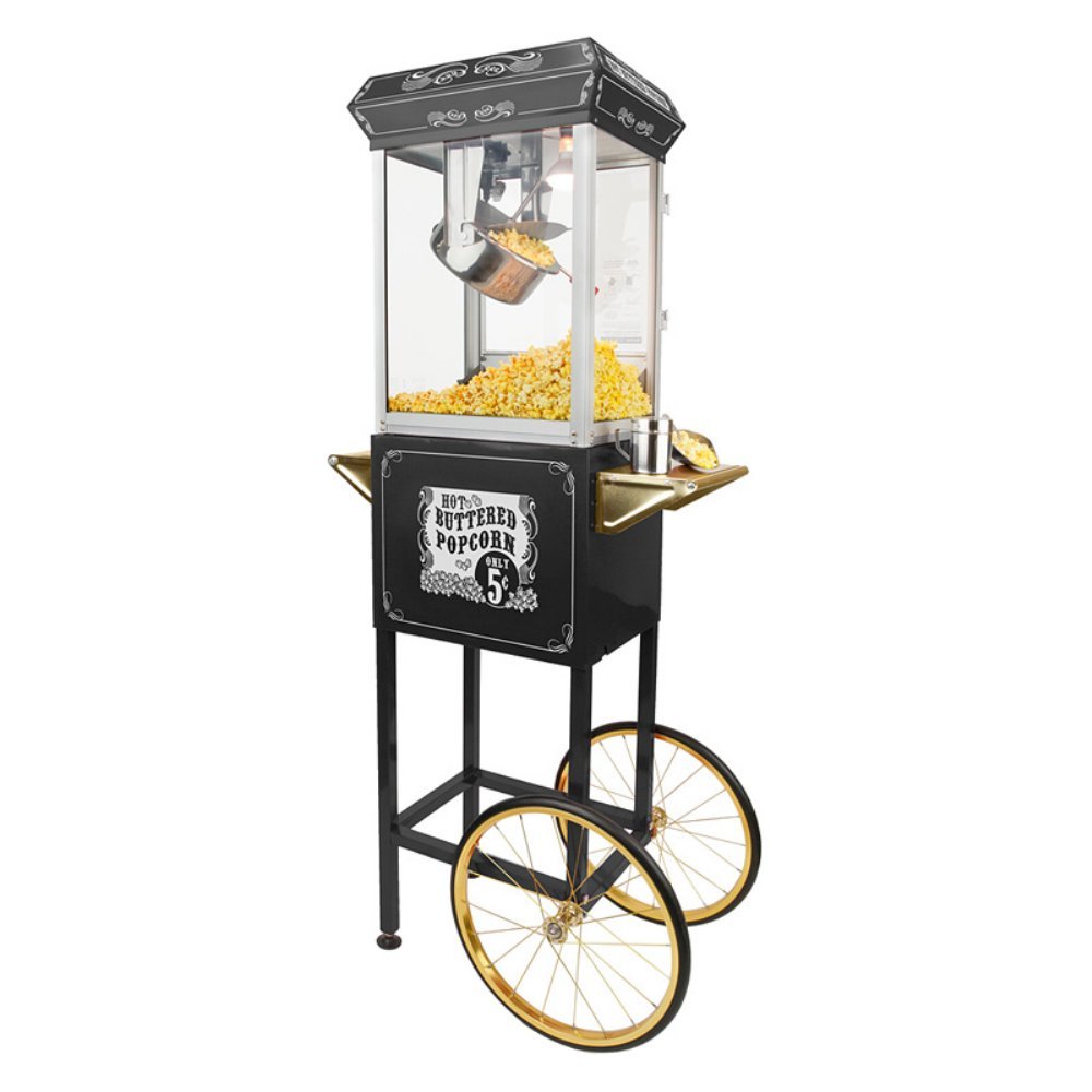 Funtime Sideshow Popper 8-Oz Commercial Hot Oil Popcorn Maker with Rolling Cart - Black & Silver - Perfect for Movie Nights, Carnivals & Concession Stands