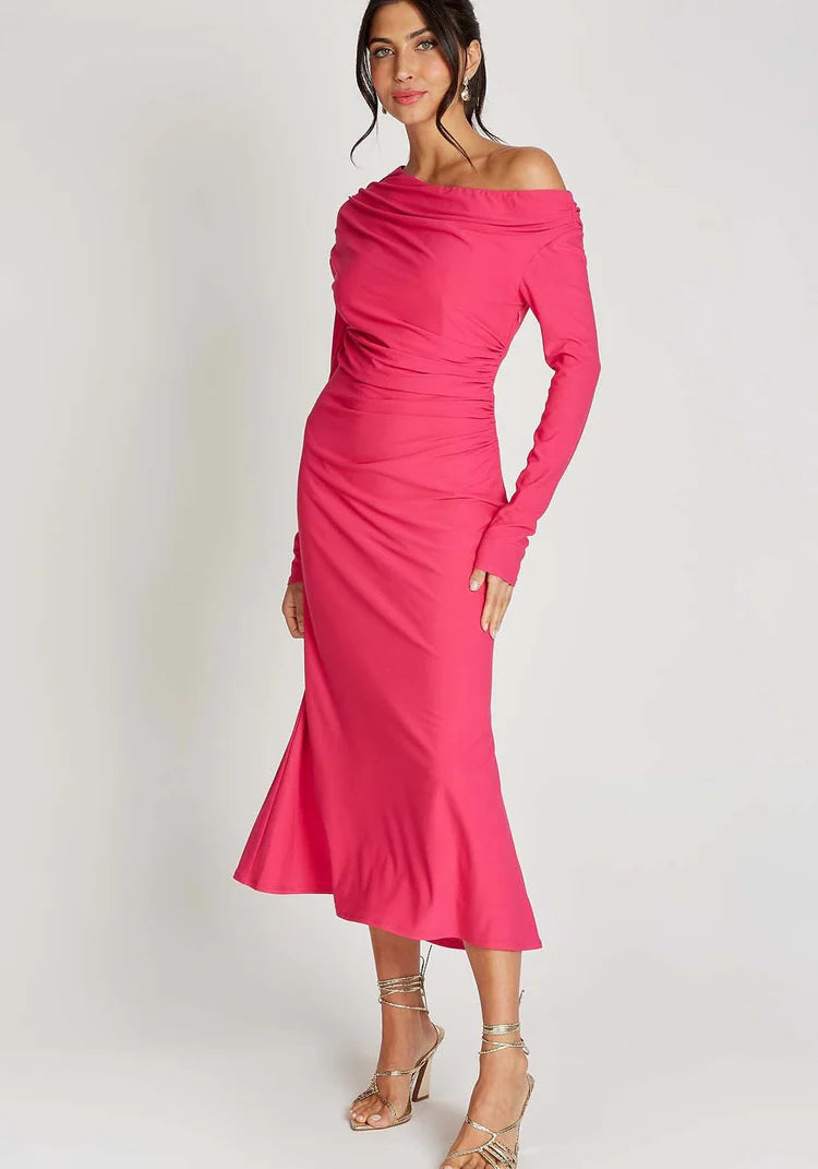 Leanette Asymmetric Midi Dress for Women - Flowy Pink Summer Dress with Side Slit, Elegant Party & Cocktail Attire | Perfect for Weddings, Date Nights & Special Occasions