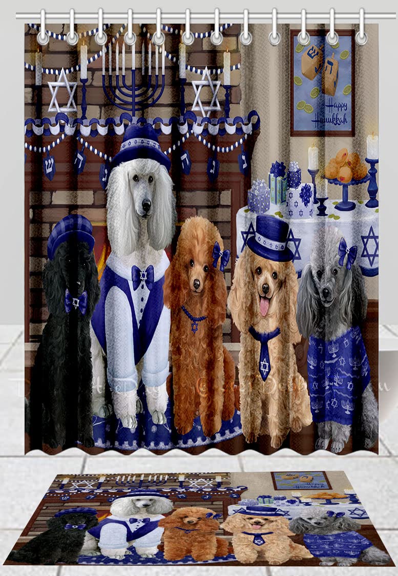 Happy Hanukkah Poodle Dog Bath Mat & Shower Curtain Set - Non-Slip Bathroom Decor with Hooks, Plush Rug & Polyester Curtain (Mat 20x32in, Curtain 36x72in) - Perfect for Pet Lovers' Bathrooms & Holiday Gift Giving