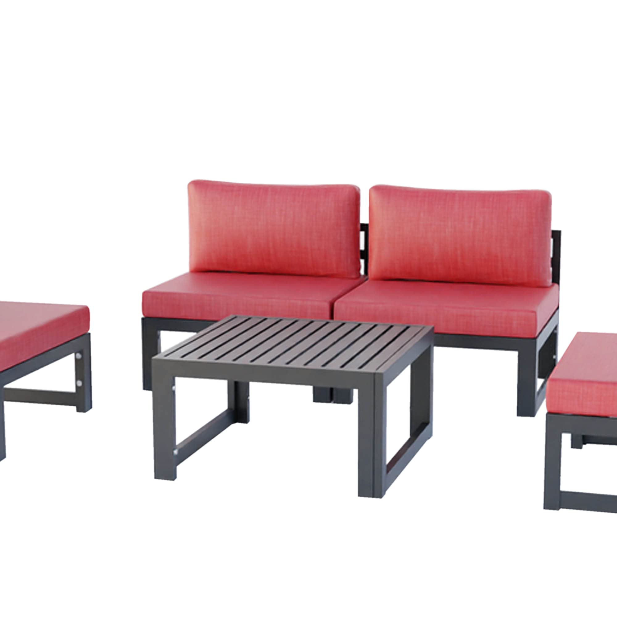 LeisureMod Chelsea 5-Piece Outdoor Patio Furniture Set - Black Aluminum Frame with Red Cushions - Weather-Resistant Dining Chairs & Coffee Table - Perfect for Backyard, Garden, Poolside & Patio Relaxation