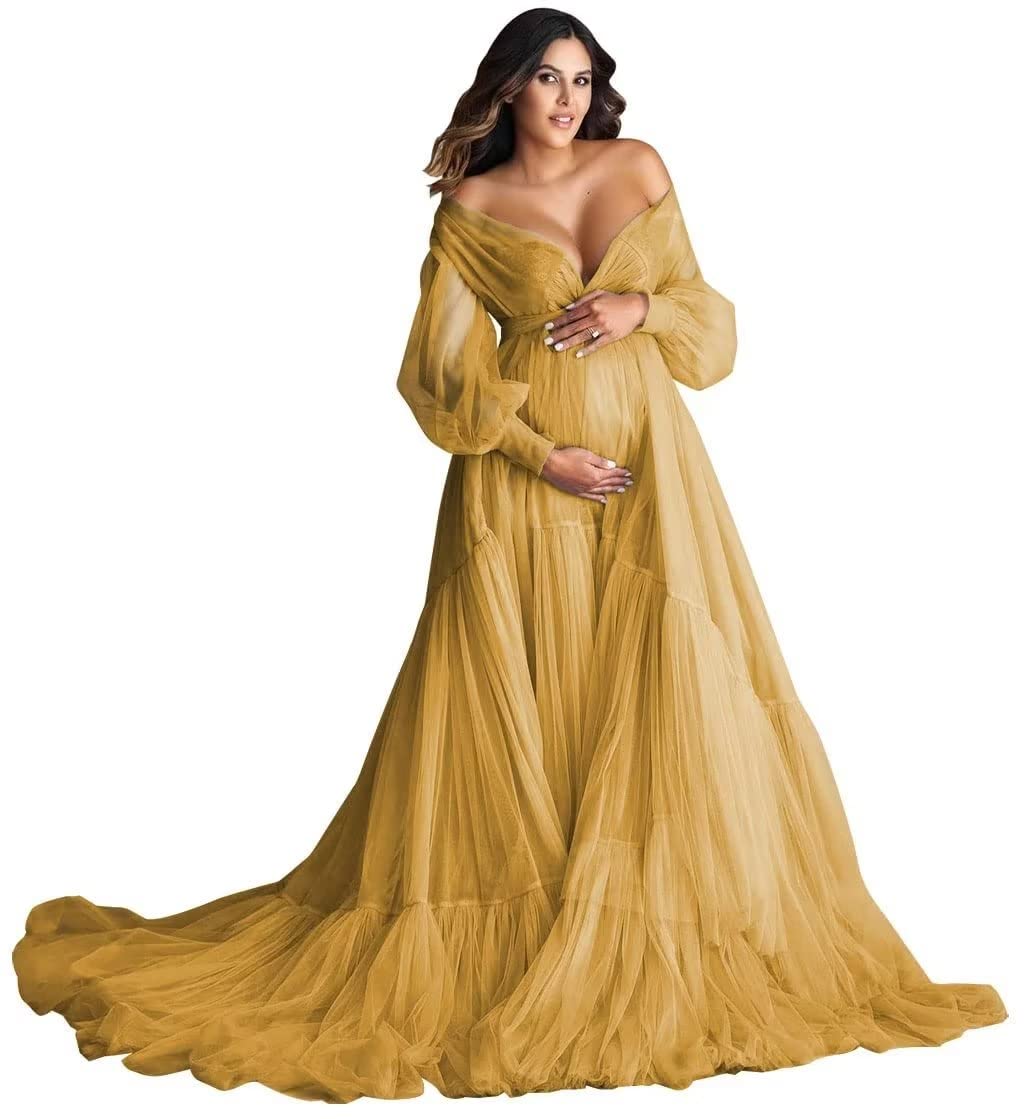Elegant Maternity Photoshoot Dress - Long Sleeve Tulle Gown for Pregnancy, Bridal & Special Occasions | Sheer Illusion Puffy Dress for Baby Shower, Wedding & Maternity Photography