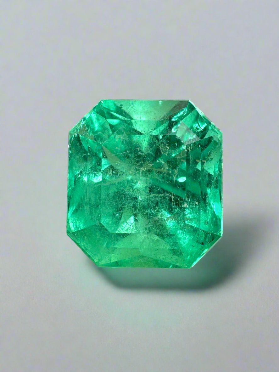 7.76 Carat 12x11mm Yellowish Green Natural Loose Colombian Emerald Asscher Cut Gemstone for Jewelry Making, Engagement Rings & Collector's Items