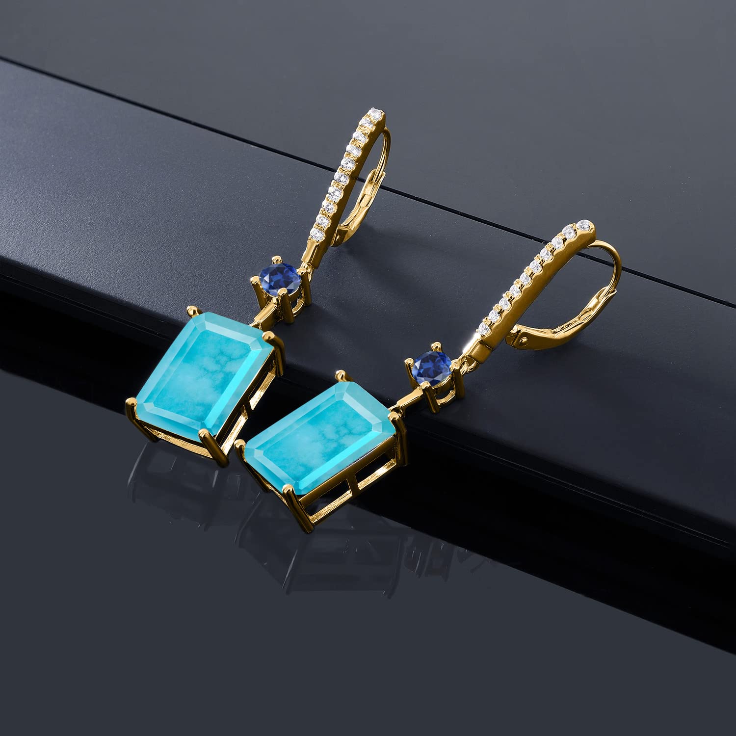 10.80 Ct Green Turquoise Blue Created Sapphire Earrings - 18K Yellow Gold Plated Sterling Silver - Perfect for Weddings, Parties & Special Occasions