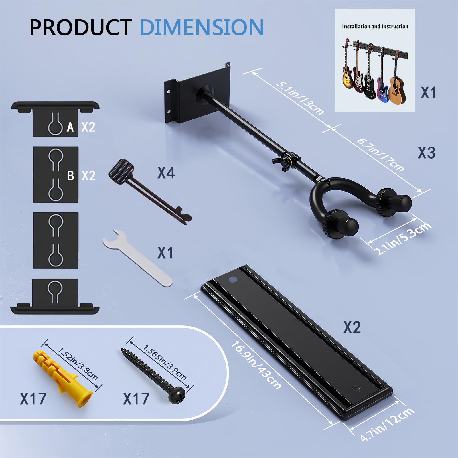 3-Guitar Wall Mount Hanger - Adjustable Aluminum Rack Holder for Acoustic, Electric & Bass Guitars - Space-Saving Storage Solution for Home Studios & Music Rooms