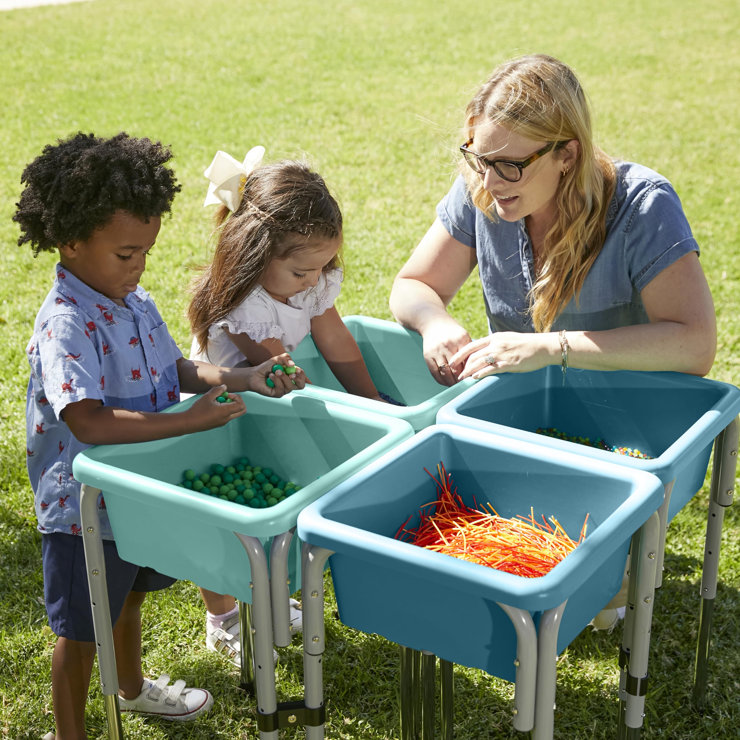 ECR4Kids Adjustable 4-Station Sand and Water Play Table with Sensory Bins - Seafoam & Turquoise - Perfect for Preschool, Daycare, and Outdoor Sensory Play Activities