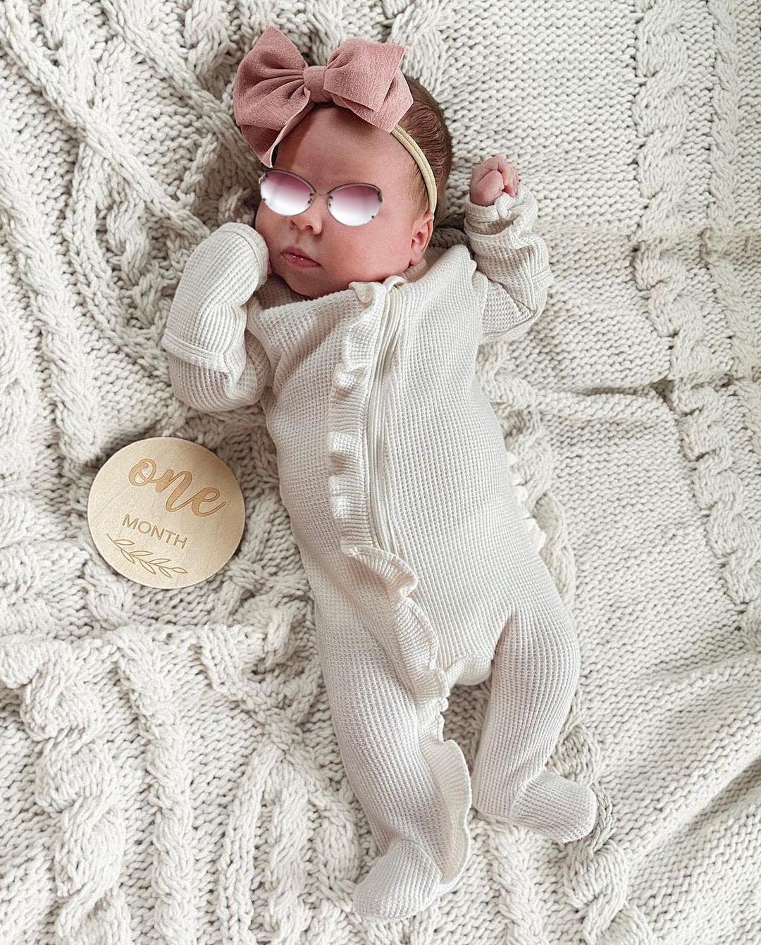 Newborn Baby Girl Waffle Knit Footie Romper with Zippers & Ruffles - Cozy Winter Outfit for Fall & Winter - Perfect for Playdates, Family Photos & Holiday Gatherings