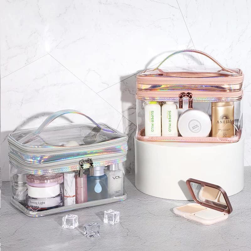 Clear PVC Makeup Bag - Waterproof Double Layer Cosmetic Organizer for Travel & Toiletry Storage