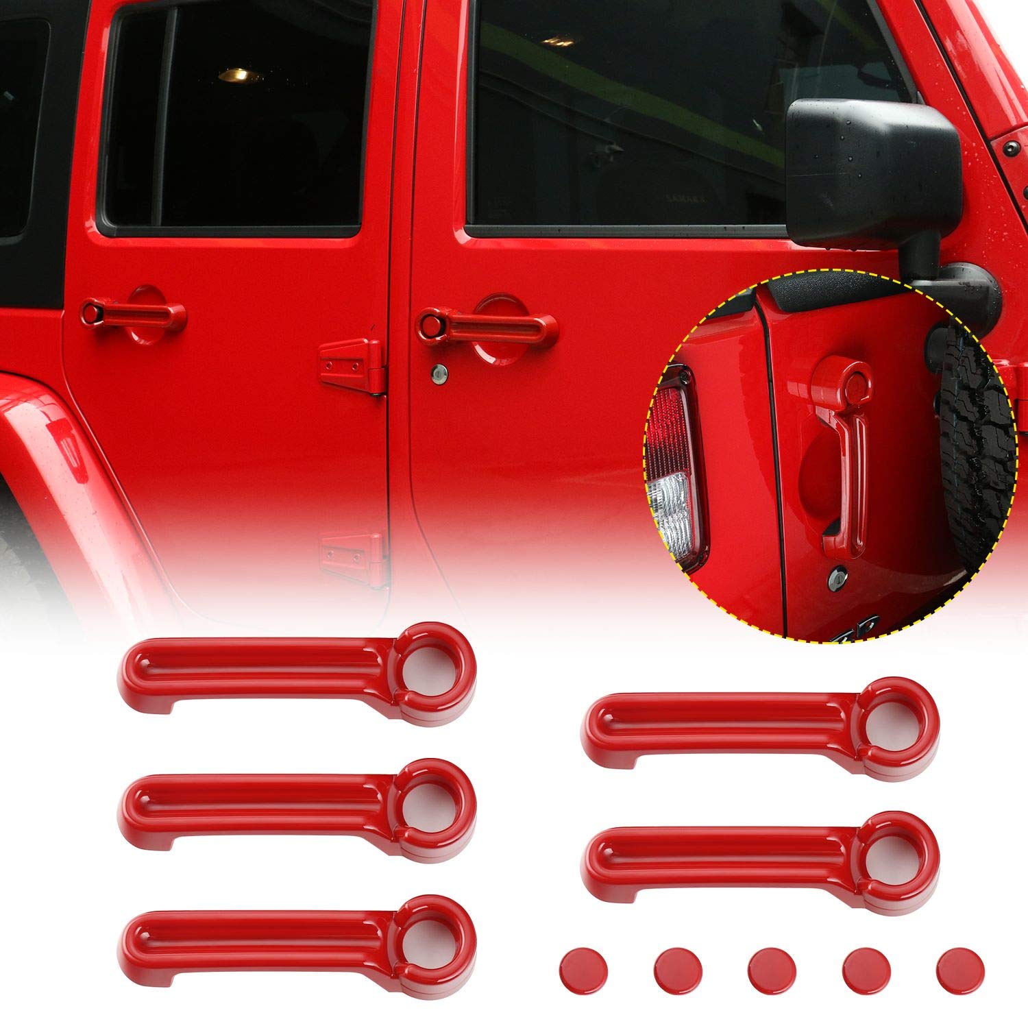 JeCar Car Door Handle Covers & Tailgate Handle Protectors - Exterior Accessories for 2007-2018 Jeep Wrangler JK/JKU, 2008-2012 Jeep Liberty, 2007-2011 Dodge Nitro (Red) - Durable Protection & Style Upgrade for Off-Road Adventures & Daily Driving