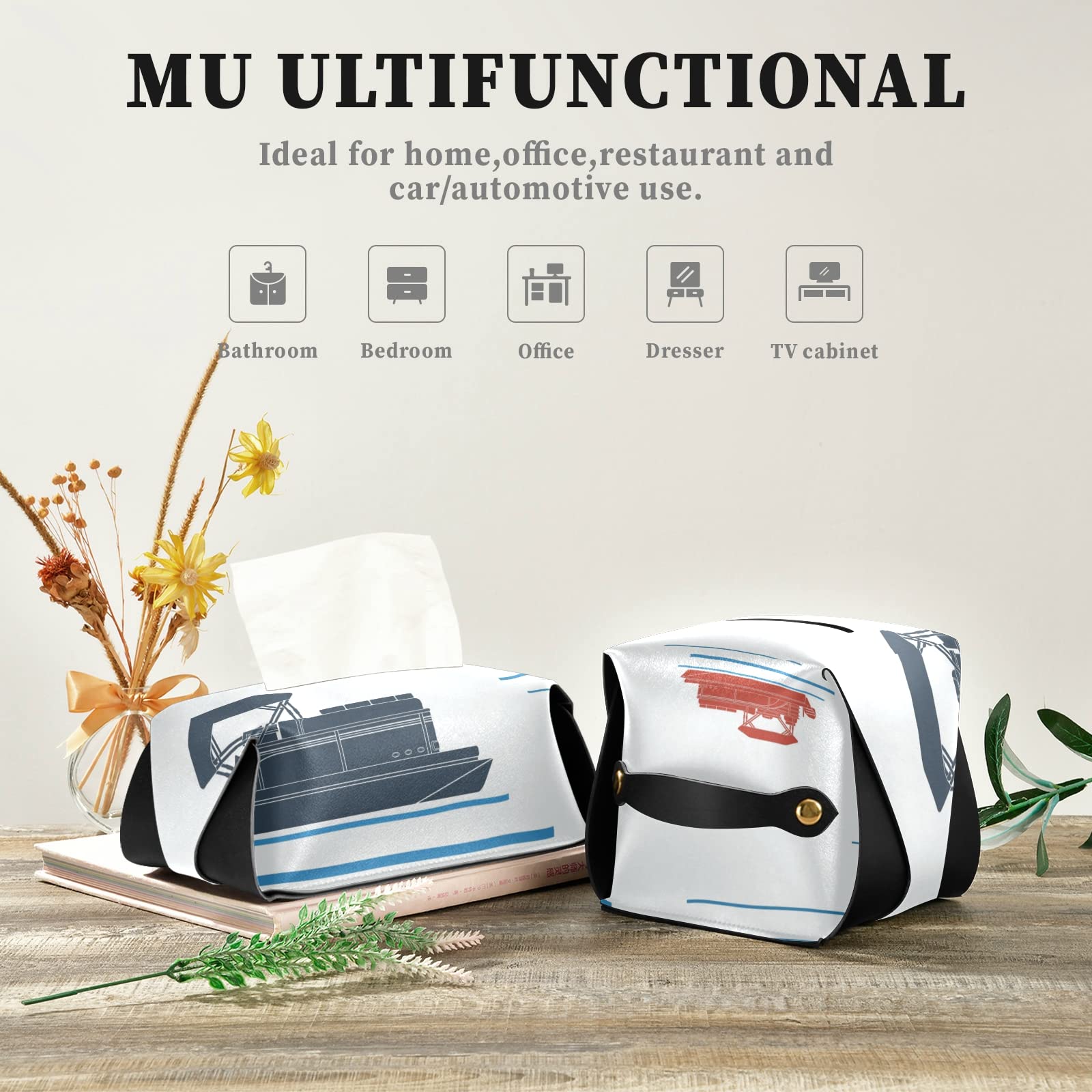 Editable Side View Flat Style Pontoon Boat Leather Tissue Box Cover - 5.7x5.7x5.7 Inch White Rectangle with Handle for Bathroom, Home, Nightstand, Vanity, Office Desk & Car - Perfect for Coastal Decor, Nautical Themed Rooms & Marine Enthusiasts