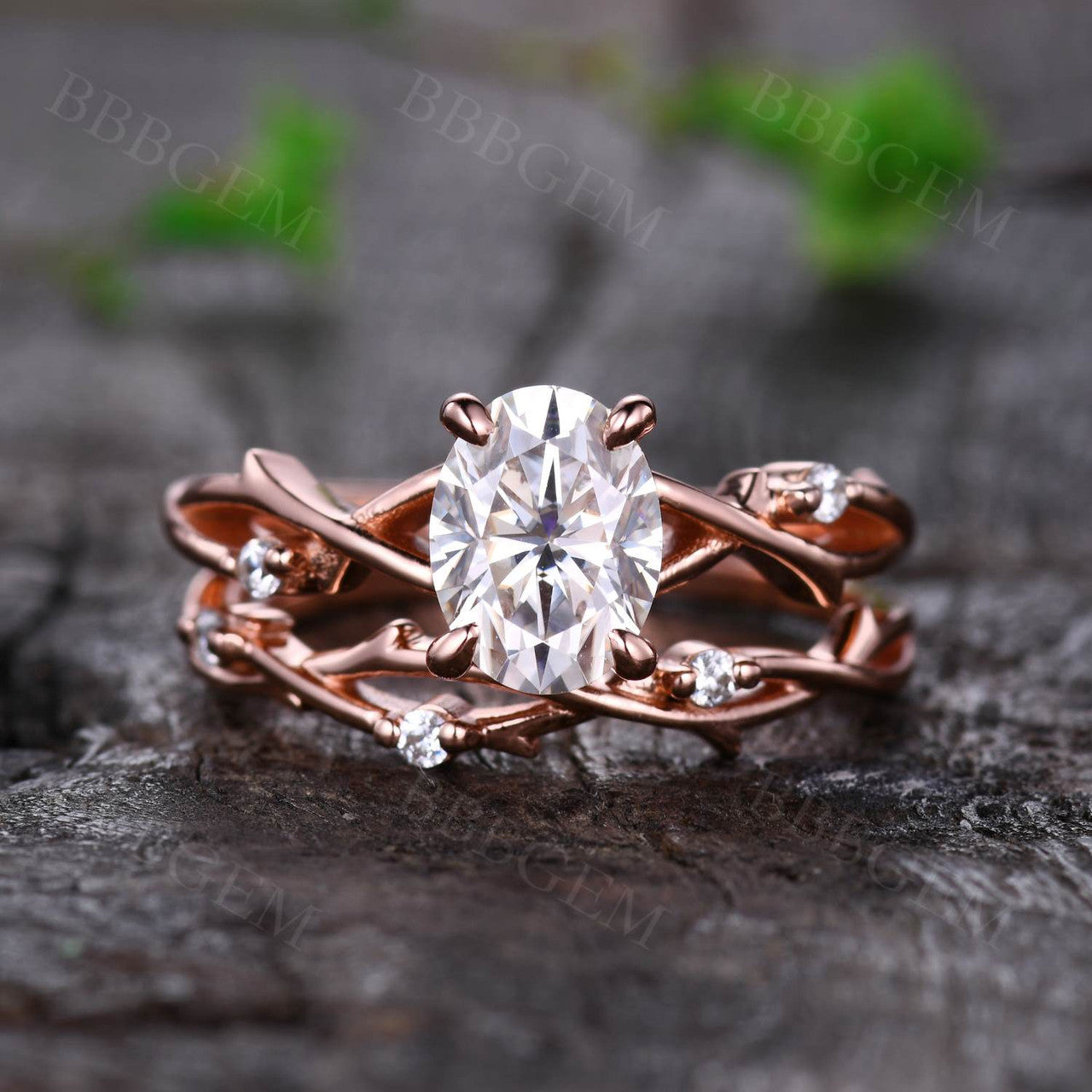 2PCS Twig Vine Oval Moissanite Solitaire Engagement Ring Set for Women - 1.5CT Oval Cut Rose Gold Wedding Band - Perfect for Proposals, Anniversaries & Bridal Jewelry