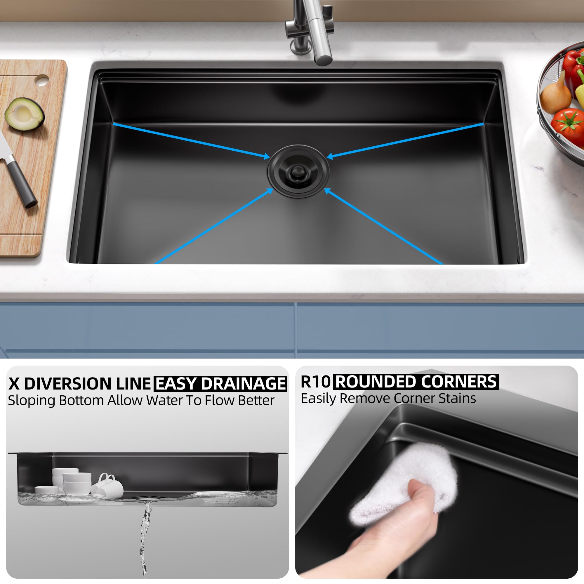 33 Inch Undermount Kitchen Sink - 16 Gauge Stainless Steel Single Bowl Workstation Sink, 33x19 Inch Commercial Grade Black Sink for Professional Kitchens & Restaurant Prep Stations