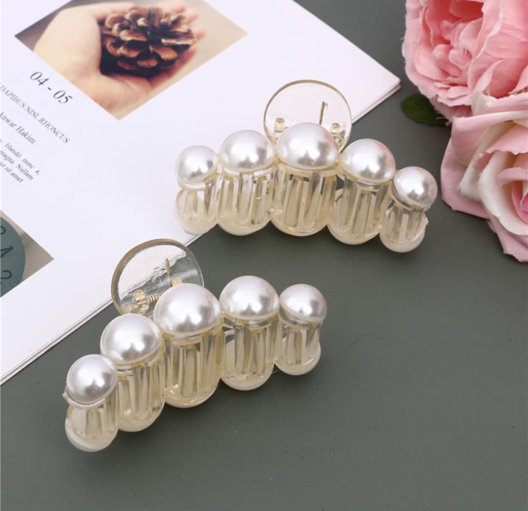 HOMEMATES 2 Pack Large Pearl Hair Claw Clips for Women - Strong Hold Hair Accessories for Thick Long Hair, White Jaw Clips for Girls & Women - Perfect for Work, Parties and Everyday Styling (Style 6)