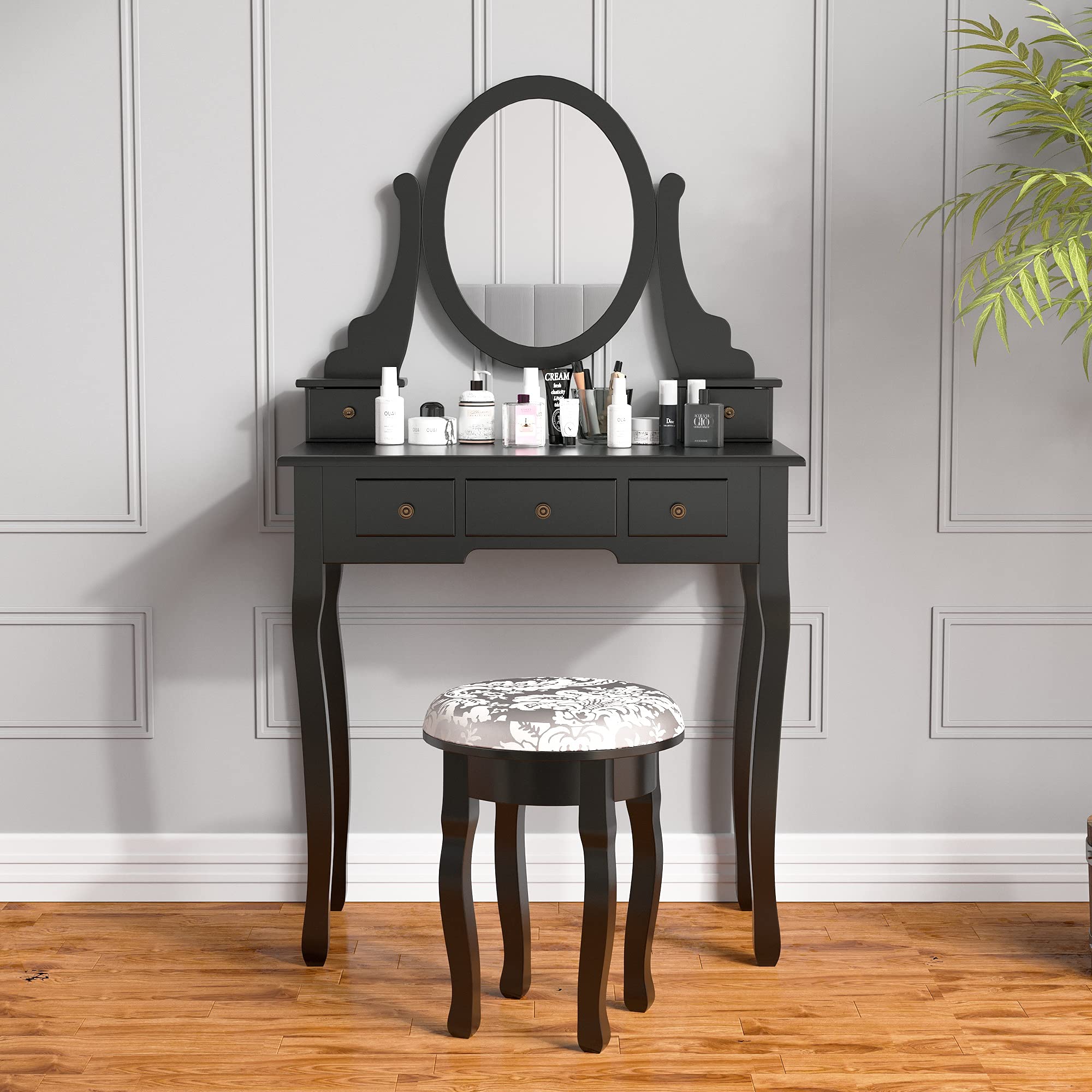 JAXPETY 5-Drawer Vanity Table Set with Mirror & Cushioned Stool - Makeup Dressing Table Organizer for Bedroom (Black) | Perfect for Makeup Application, Jewelry Storage & Home Decor