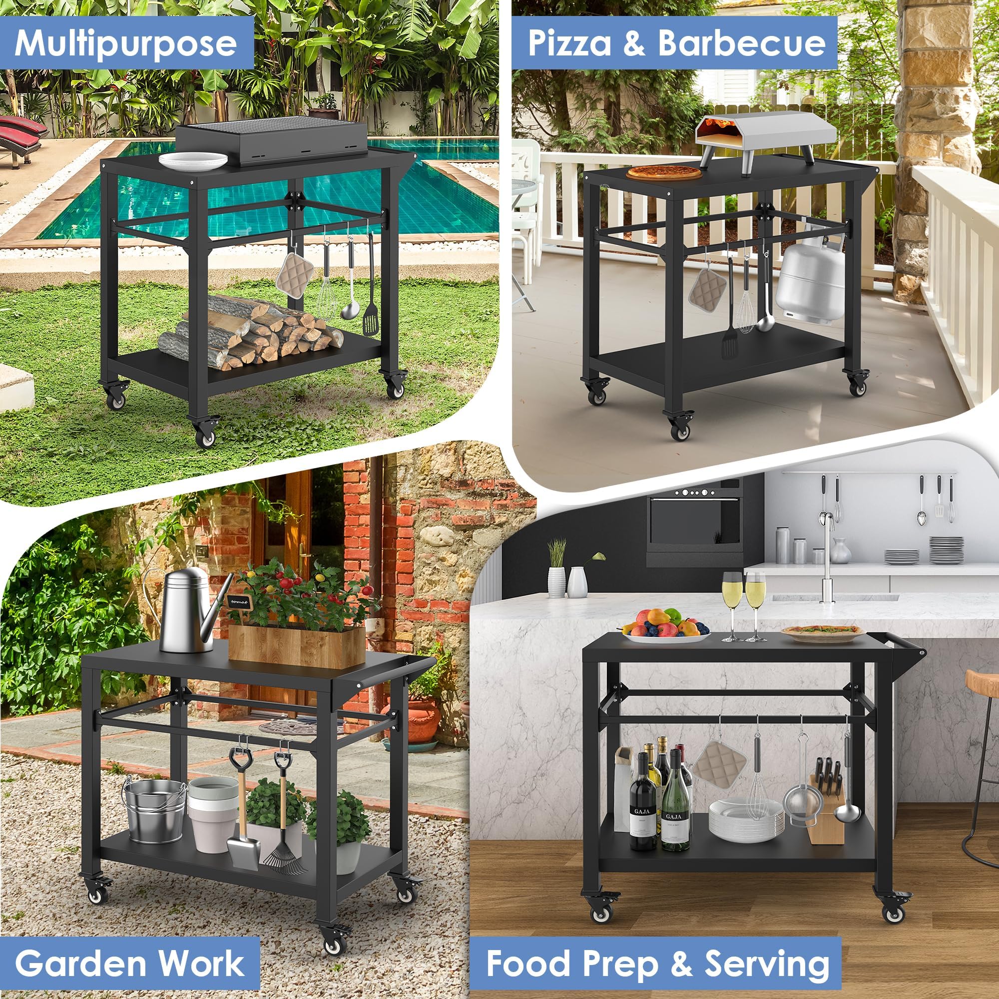 Outdoor Pizza Oven Table Cart for Ooni Koda Karu Fyra 16 & 12 - Waterproof Cover Included - Portable Food Prep Station for Patio, Backyard & Camping - Compatible with Ninja Blackstone Cuisinart Griddles - Perfect for Outdoor Cooking, BBQ Parties & Tailgating