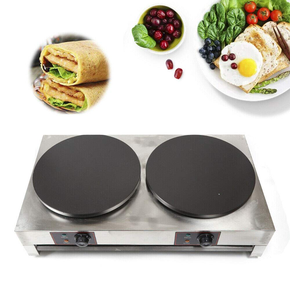 3KW Commercial Electric Double Crepe Maker Machine - Stainless Steel Pancake Baker with Adjustable Temperature (50°C-300°C) | Non-Stick Countertop Griddle for Restaurants, Cafes & Home Breakfast Cooking