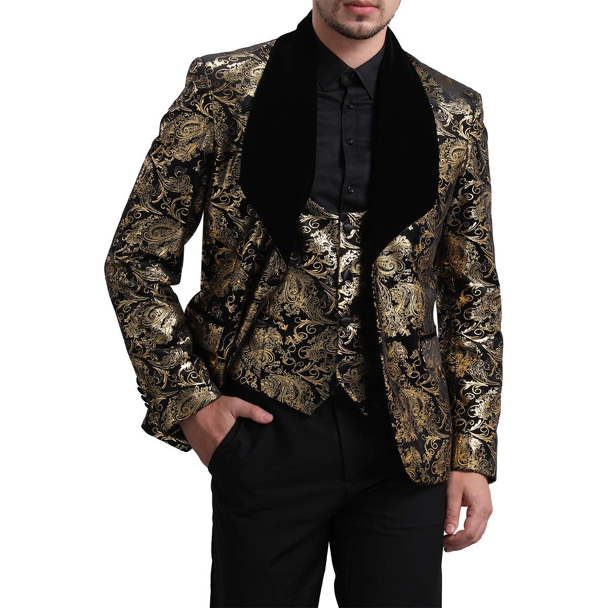 YFFUSHI Men's 3-Piece Slim Fit Suit Set - One Button Shawl Collar Floral Print Jacket, Vest & Pants | Formal Wedding, Business, Party Outfit