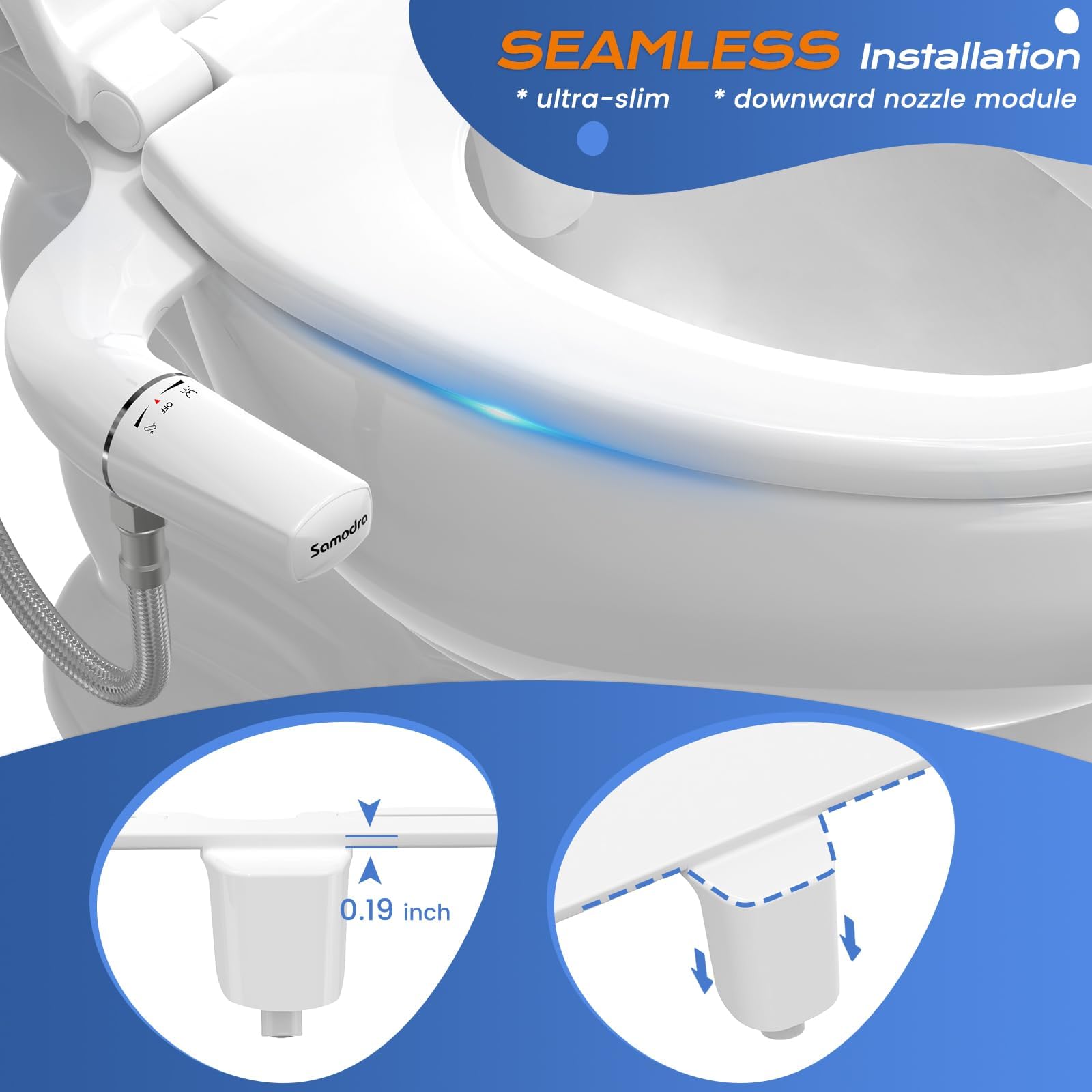 SAMODRA Ultra-Slim Bidet Toilet Attachment with Self-Cleaning Nozzle - Adjustable Water Pressure Fresh Water Sprayer for Hygienic Cleaning - Easy Installation for Existing Toilets - Perfect for Bathroom Upgrade & Enhanced Personal Hygiene
