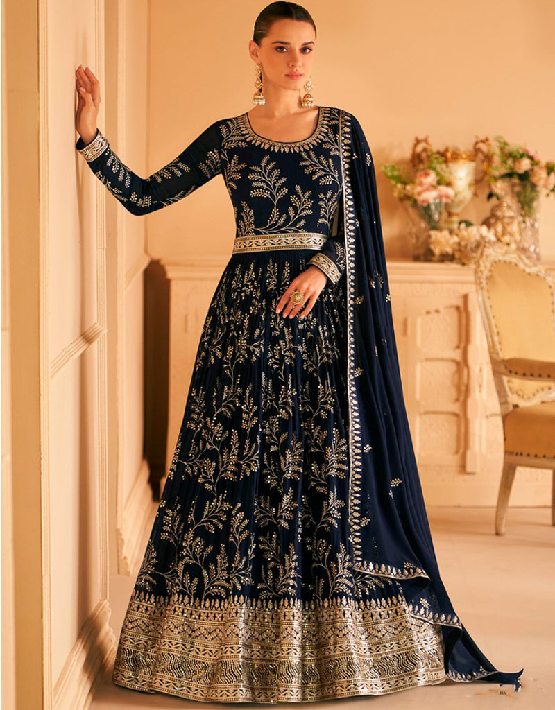 Blue Anarkali Semi-Stitched Salwar Kameez Pant Style - Elegant Indian Ethnic Wear for Women | Perfect for Weddings, Festivals & Special Occasions