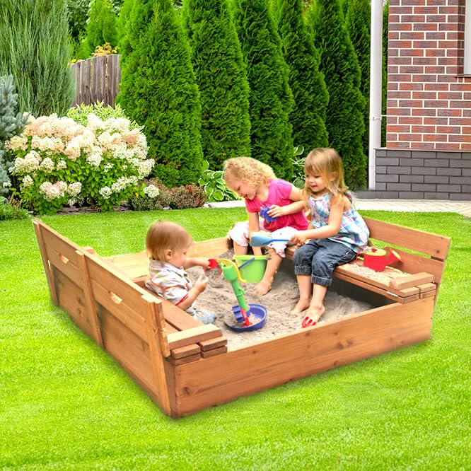 Badger Basket Convertible Cedar Sandbox with Bench Seats & Cover - Natural Wooden Outdoor Play Sand Box for Kids, Toddlers & Children - Perfect for Backyard, Garden & Playground Fun