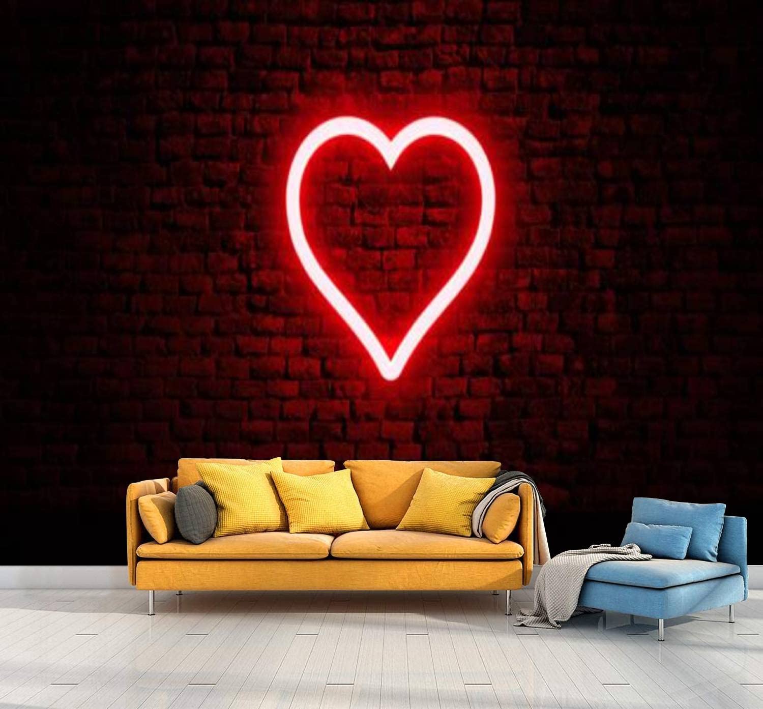 Peel and Stick Neon Heart Wall Mural - Self-Adhesive Removable 3D Wallpaper for Bedroom & Living Room Decor - Brick Wall PVC Wall Stickers for Home, Apartment, Dorm, and Office